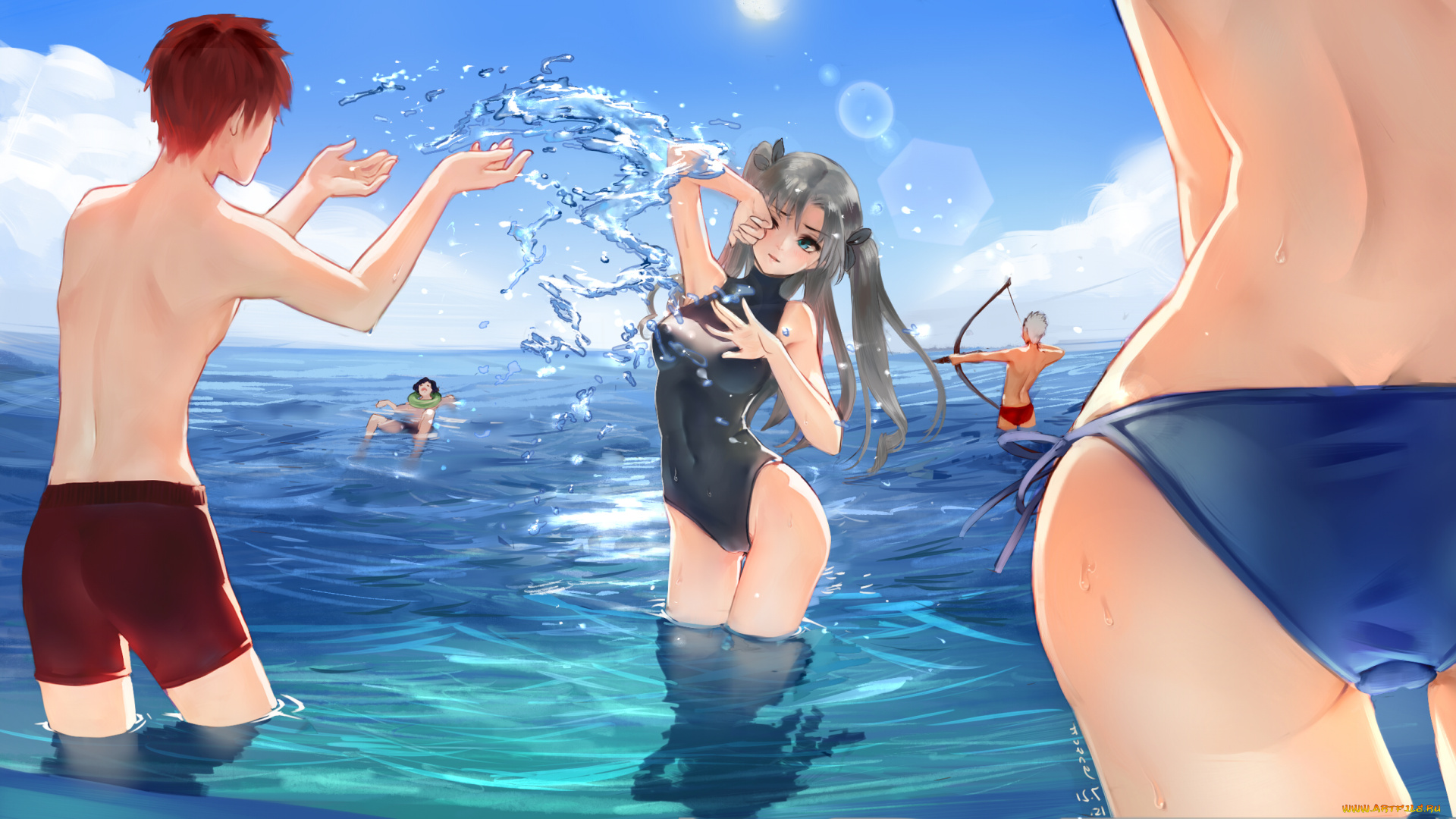 аниме, fate, stay, night, stay, night, archer, emiya, shirou, tohsaka, rin, арт, девушки, парни, арчер, тосока, рин, эмия, море, лето, kamachi, kamachi-ko