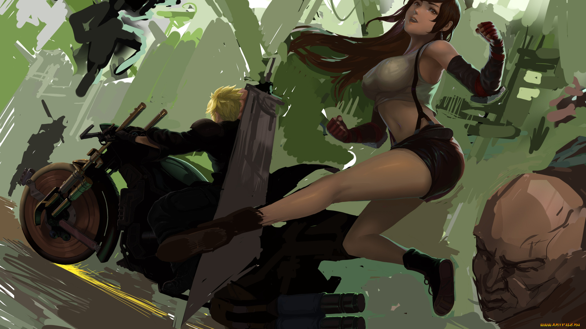 аниме, final, fantasy, парень, zymv587, арт, девушка, мотоцикл, tifa, lockhart, cloud, strife, final, fantasy