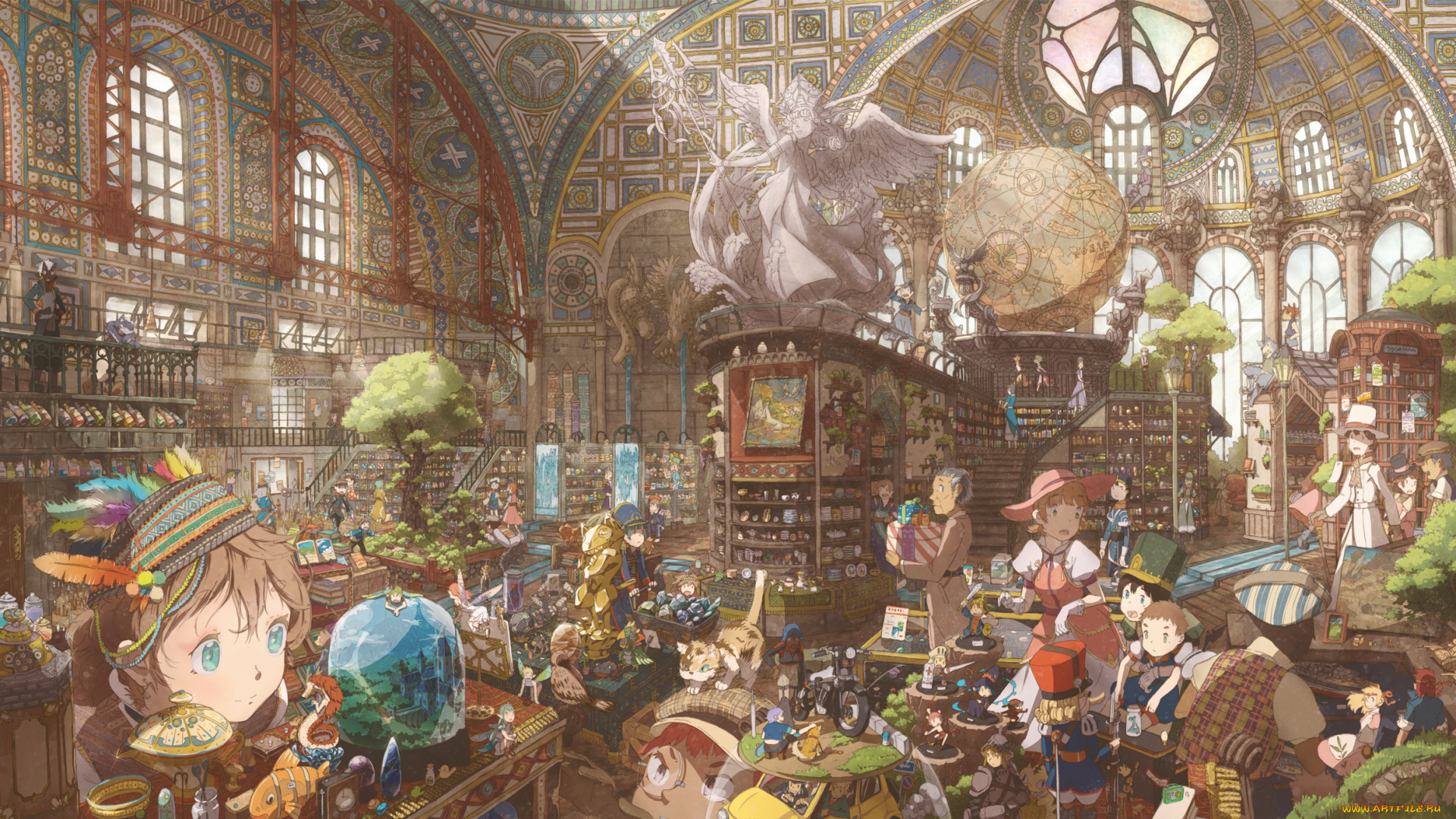 аниме, город, , улицы, , здания, hatsuga, dmaigmai, арт, здание, ярмарка, помещение, люди