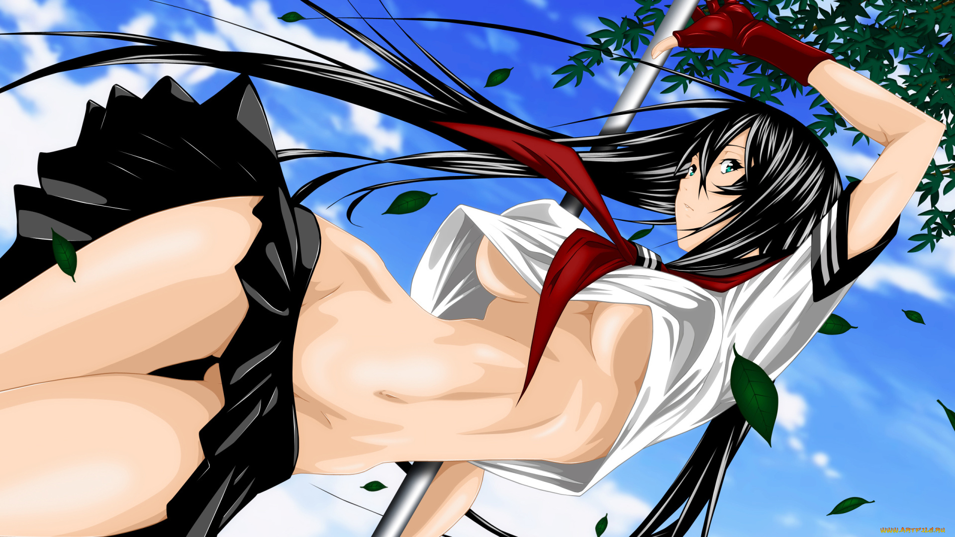 аниме, ikki, tousen, kanu, unchou, cilou, девушка, небо, облака, деревья, листья, форма, галстук, оружие, копье