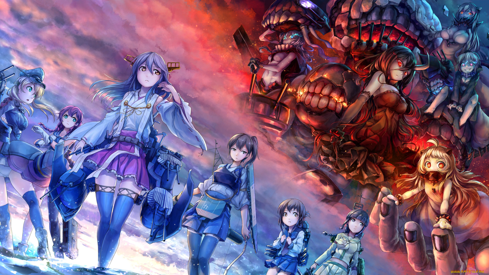 аниме, kantai, collection, девушки, арт, akama, zenta, оружие, персонажи