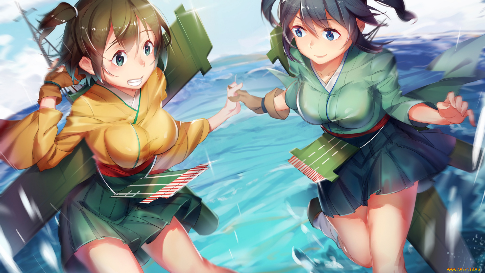 аниме, kantai, collection, kantai, collection, souryuu, брызги, море, вода, kancolle, hiryuu, девушки, арт, pg-pgouwoderen