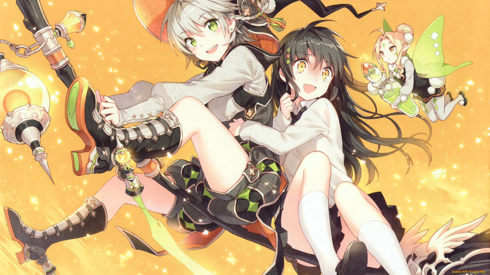 аниме, магия, , колдовство, , halloween, полёт, девушки, арт, nardack, фея, фонарь, метла