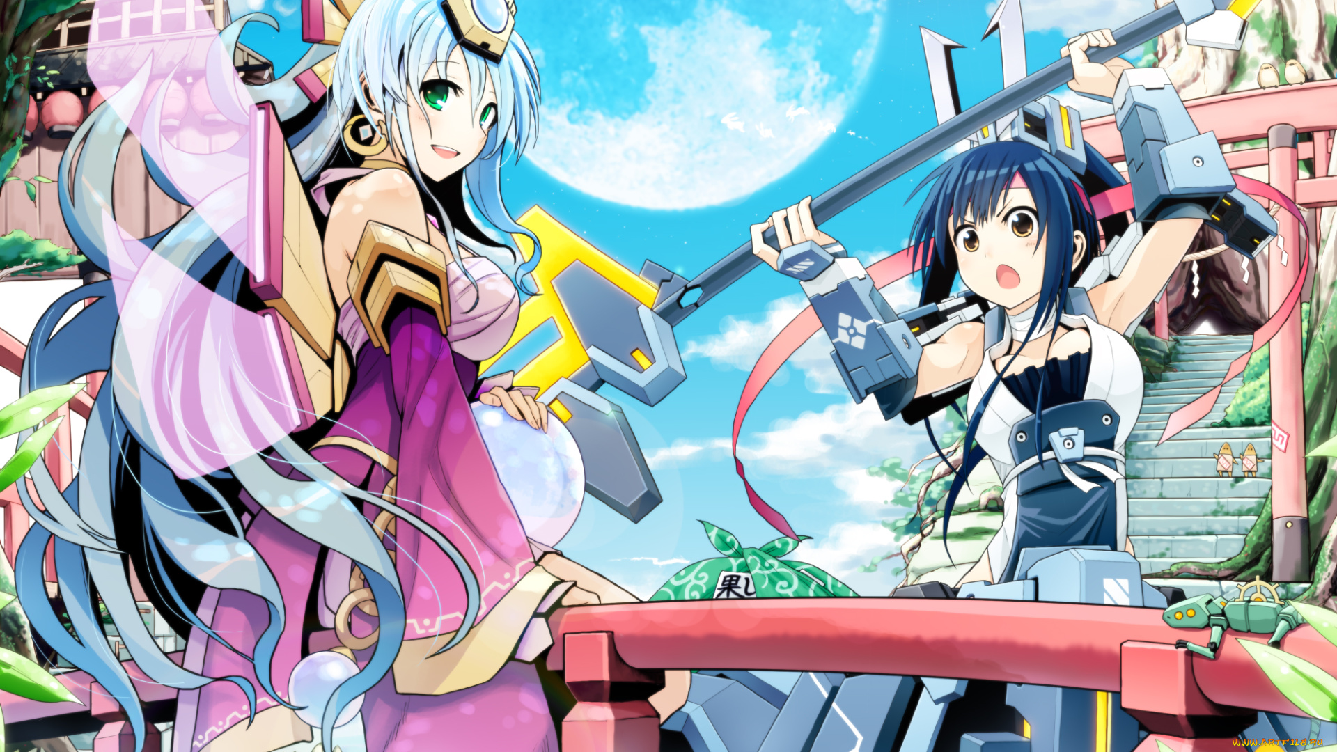 аниме, оружие, , техника, , технологии, cosmic, break, арт, девушки, небо, луна