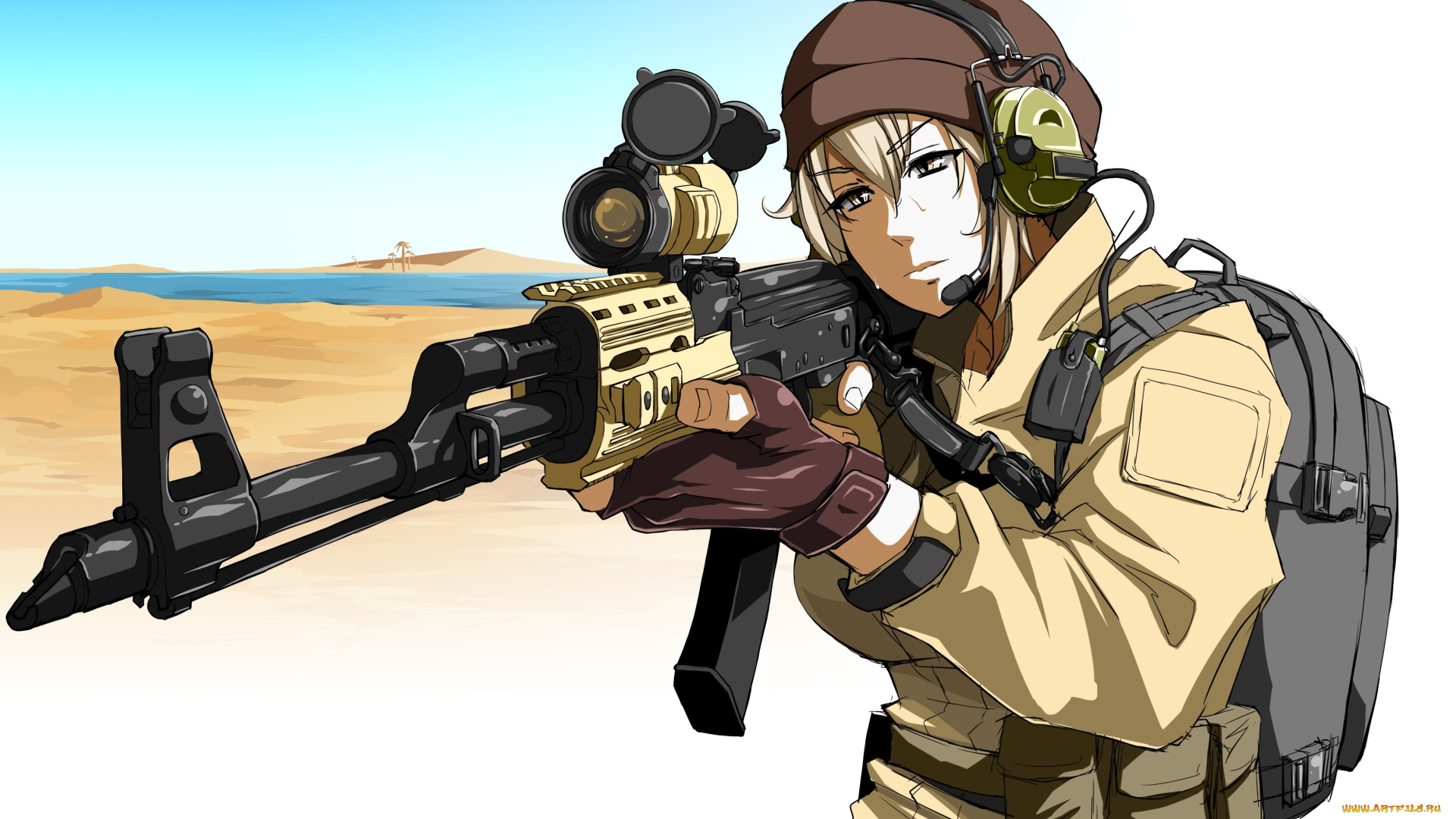 аниме, оружие, , техника, , технологии, headset, single, military, absurdres, девушка, арт, enoshimaiki, artist, ствол, art