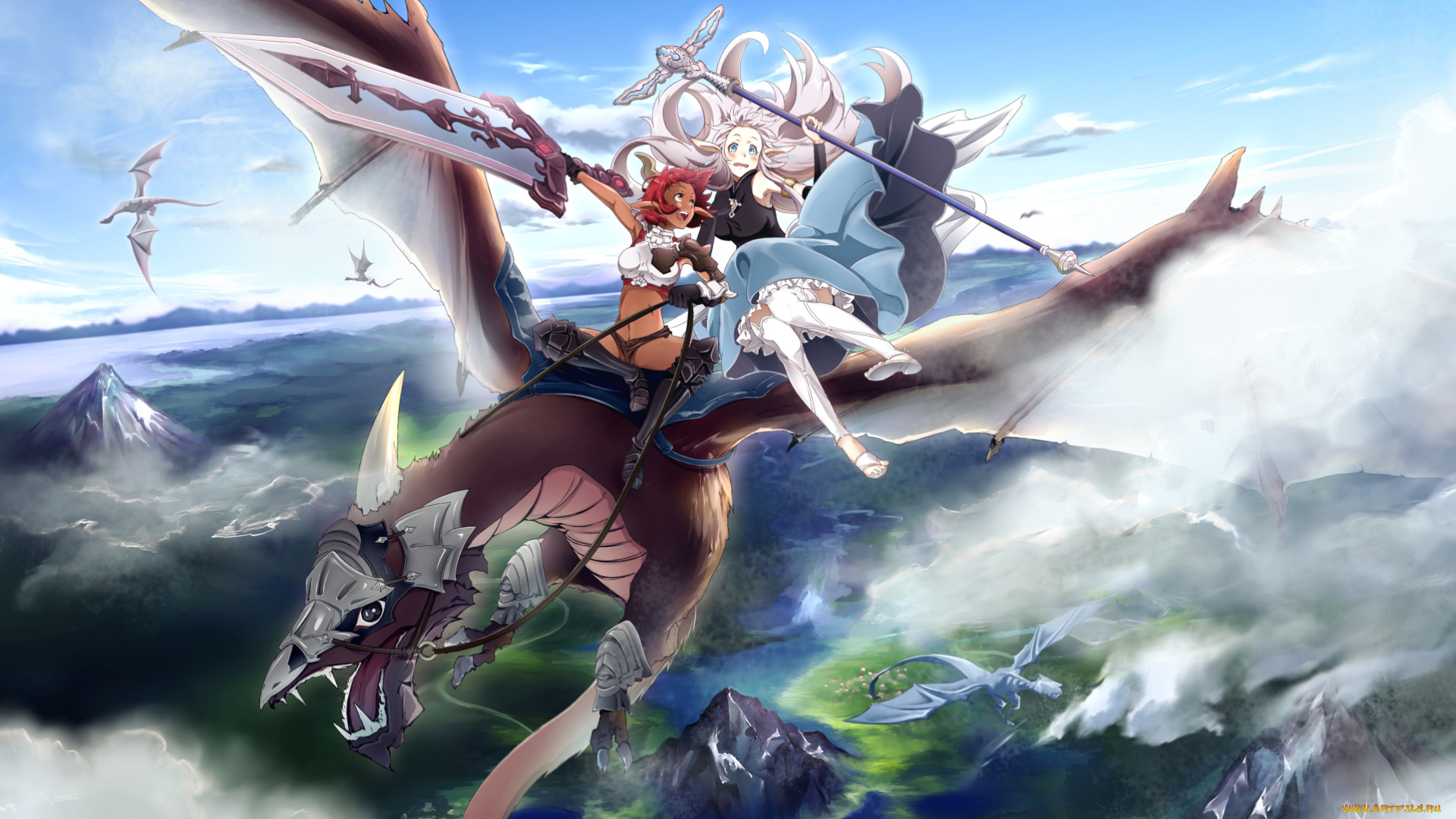 аниме, оружие, , техника, , технологии, облака, горы, небо, драконы, арт, девушки, полёт, conone