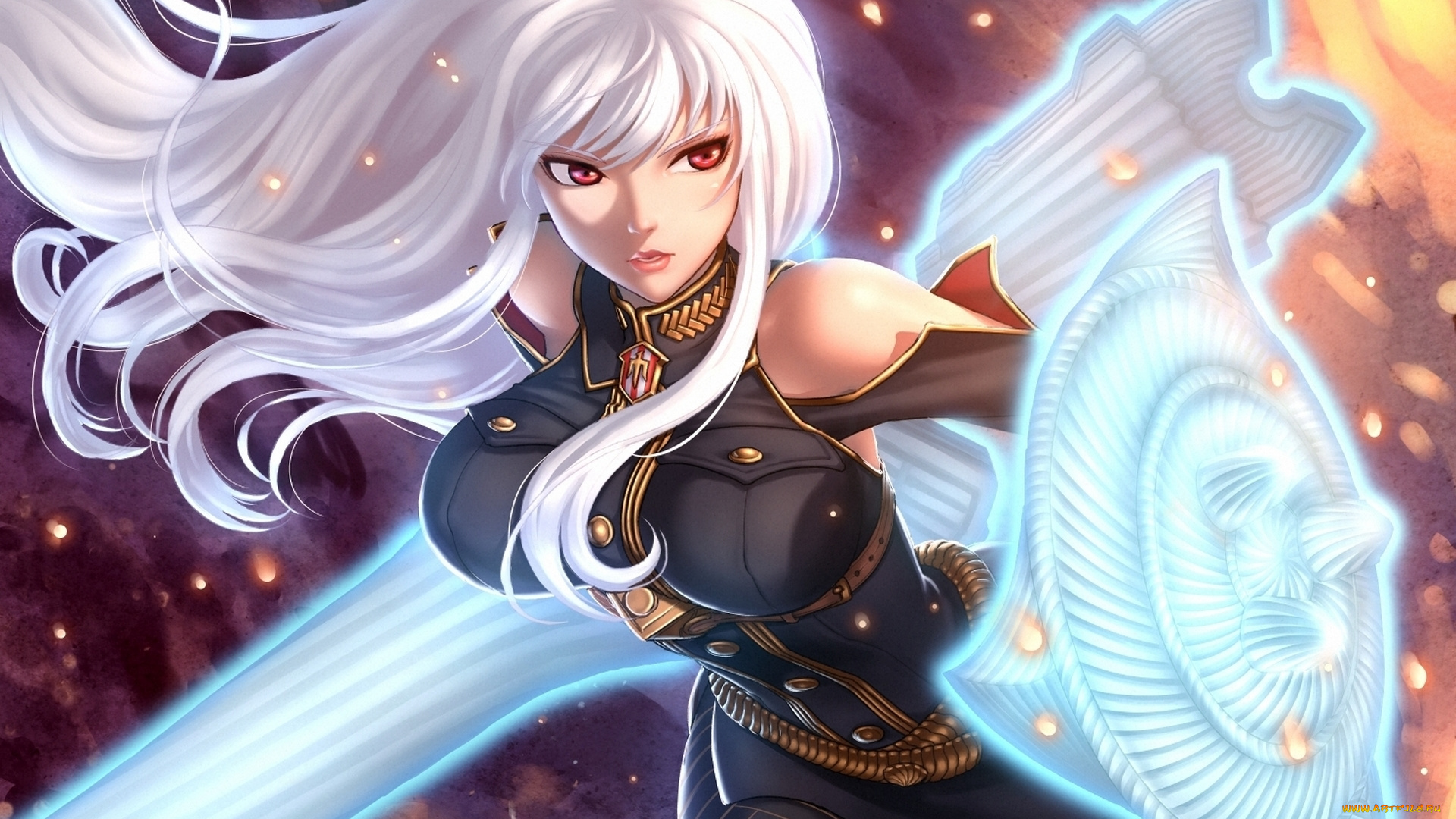 аниме, оружие, , техника, , технологии, selvaria, bles, арт, shzyu, меч, девушка, seeker, senjou, no, valkyria, огонь, щит