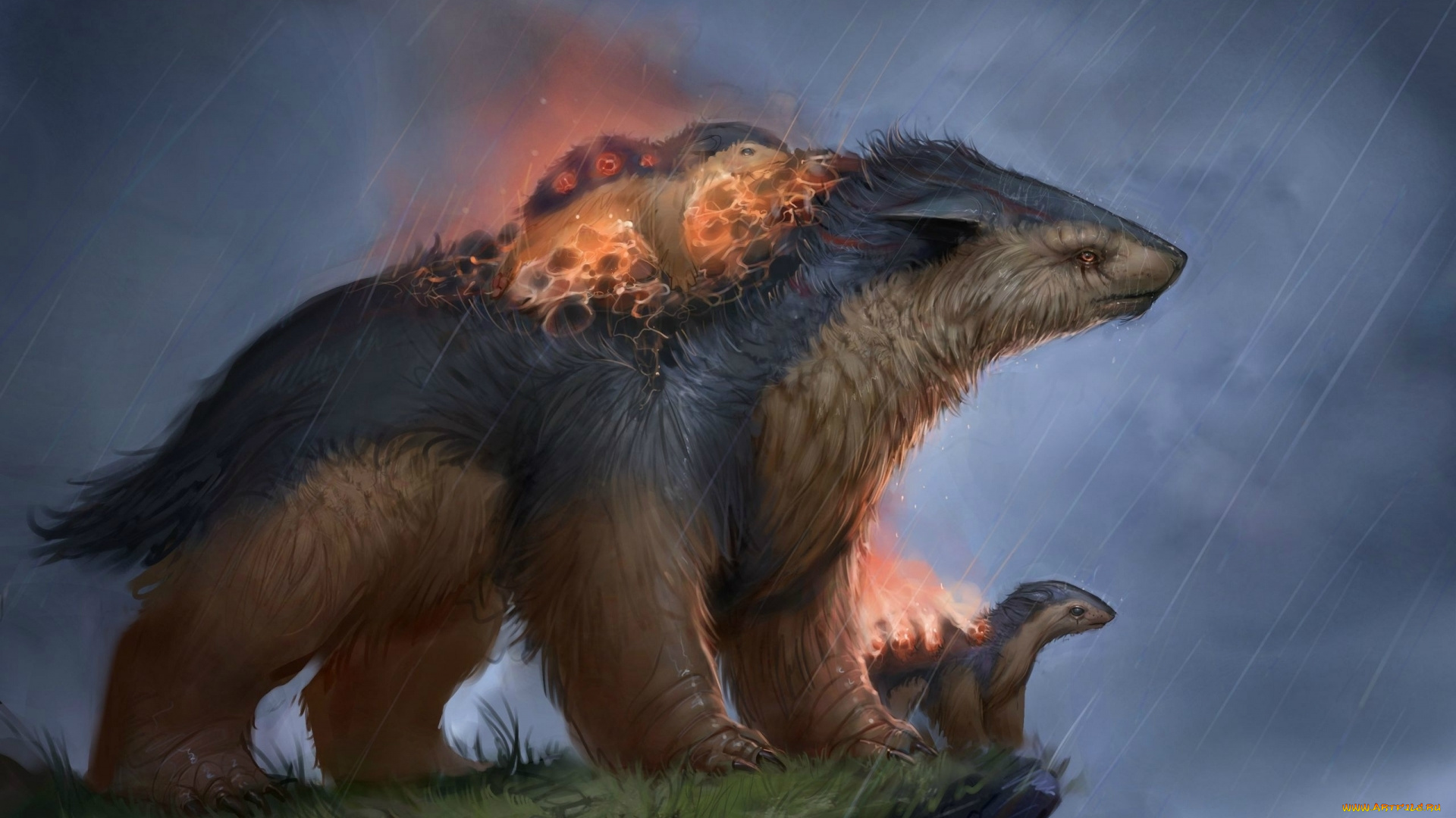 аниме, pokemon, typhlosion, monster, монстр, покемон, дождь, огонь