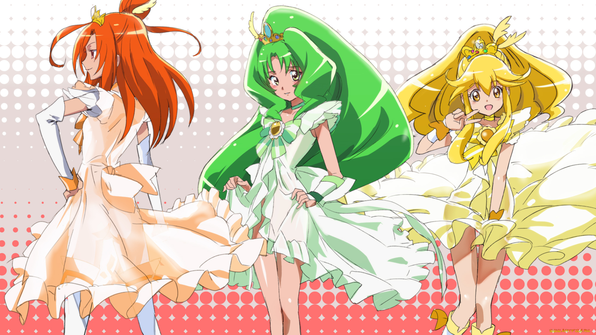 аниме, smile, precure, девочки, волосы, платья, перчатки, диадемы