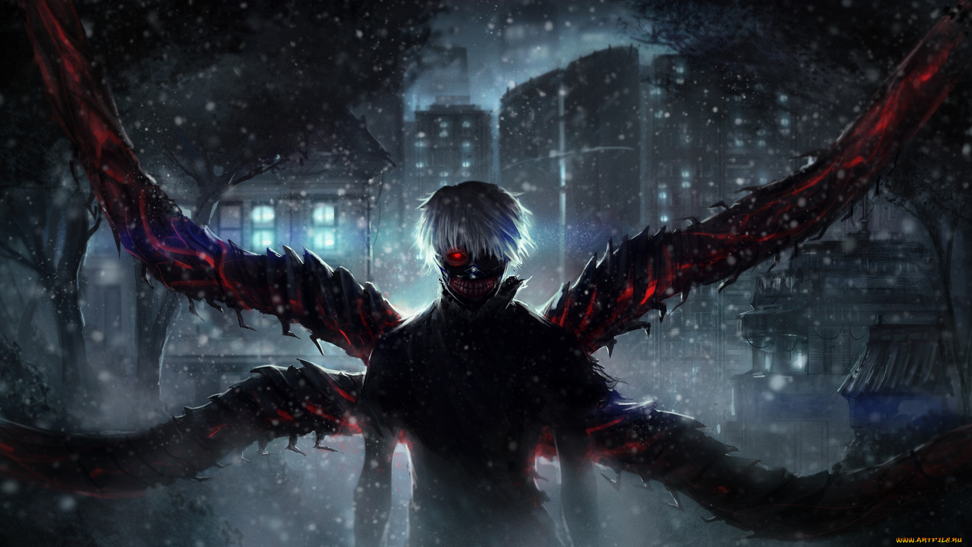 аниме, tokyo, ghoul, ken, kaneki, tokyo, ghoul, парень, ночь, арт, тьма, белые, волосы