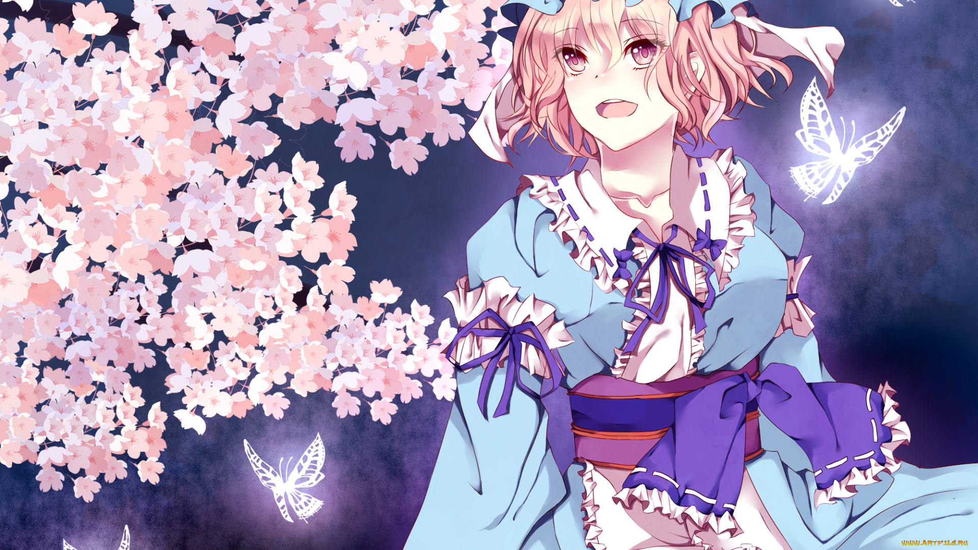 аниме, touhou, весна, девушка, бабочки, цветение, цветы, арт, rinarisa, saigyouji, yuyuko