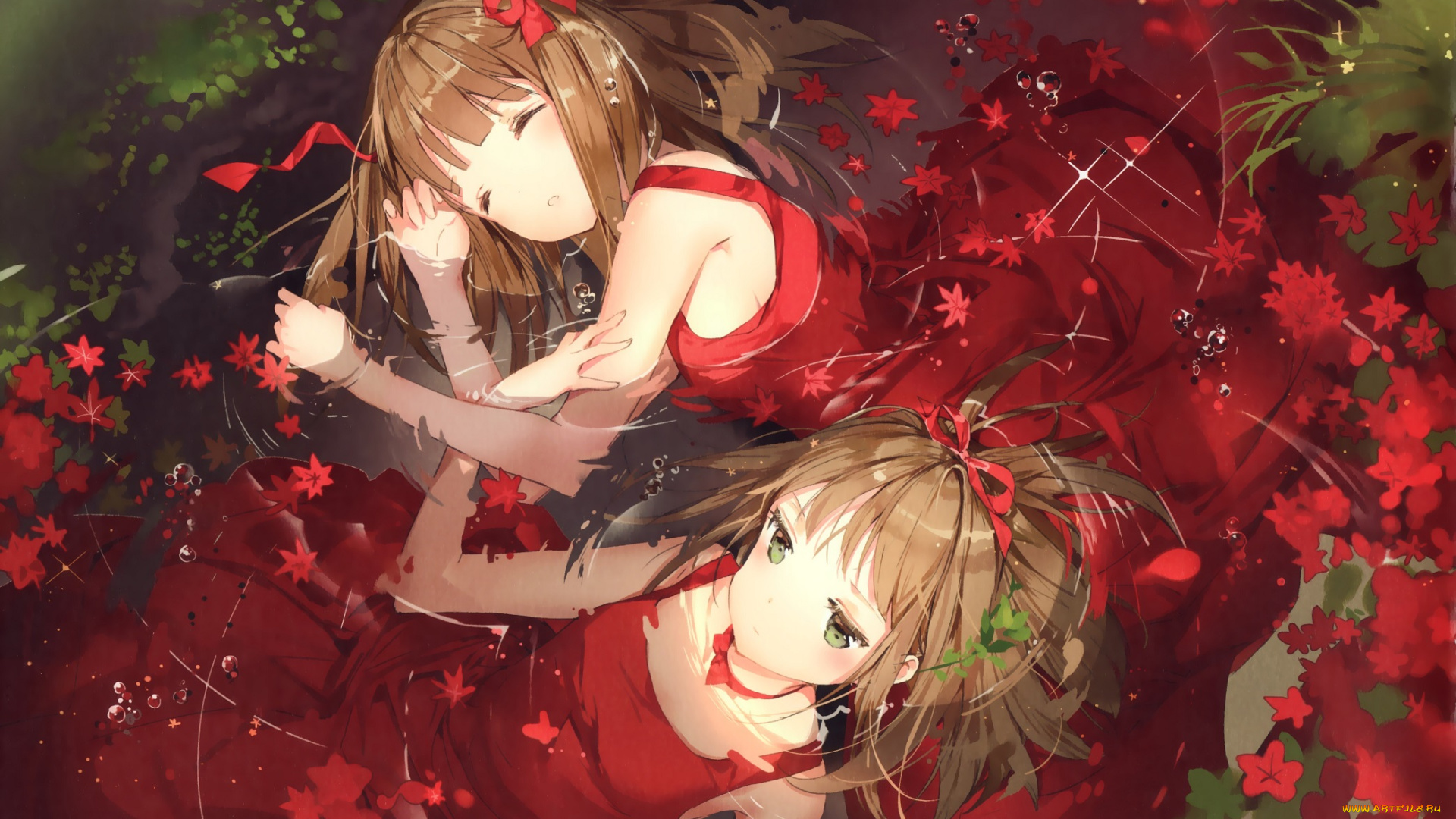 аниме, unknown, , другое, осень, листья, вода, спят, девочки, арт, anmi