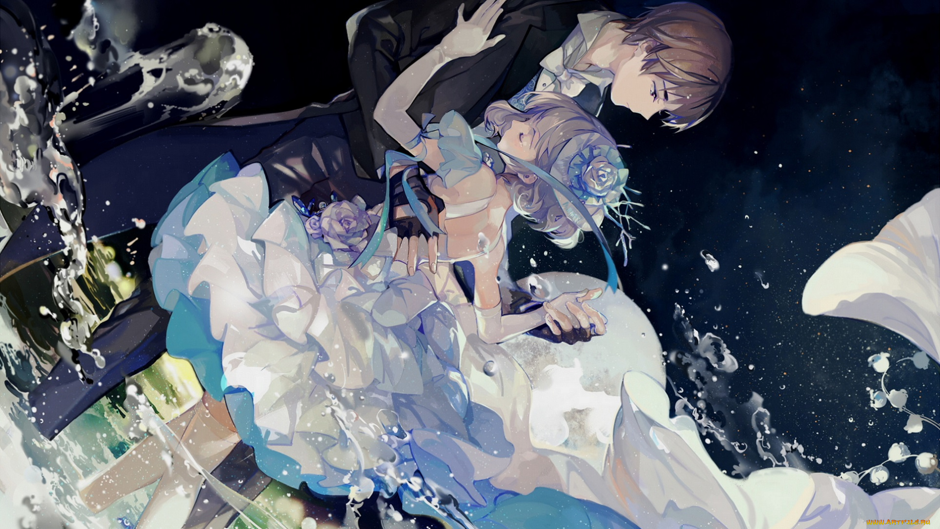 аниме, unknown, , другое, танец, украшение, цветок, вода, платье, мужчина, девушка, арт, романтика, пара