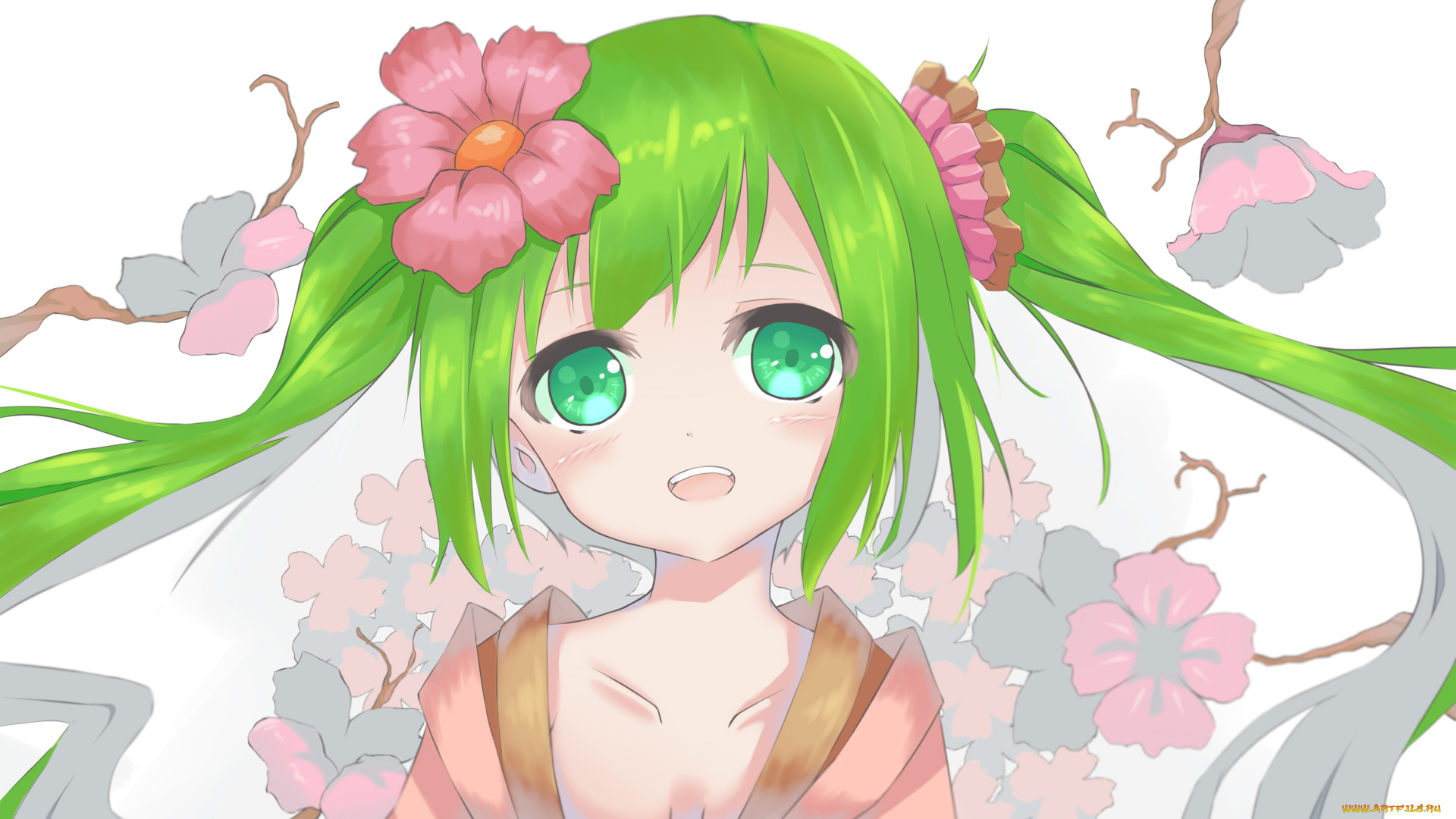 аниме, vocaloid, арт, l4no-shiro, hatsune, miku, взгляд, цветы, девочка