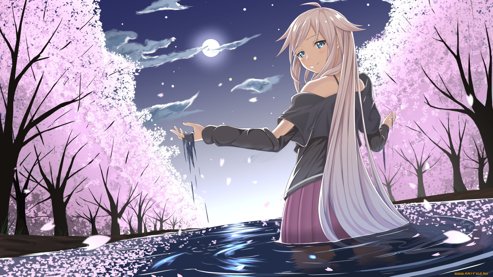 аниме, vocaloid, арт, небо, облака, сакура, озеро, tsuhiki, koyomi, ia, луна, ночь, девушка