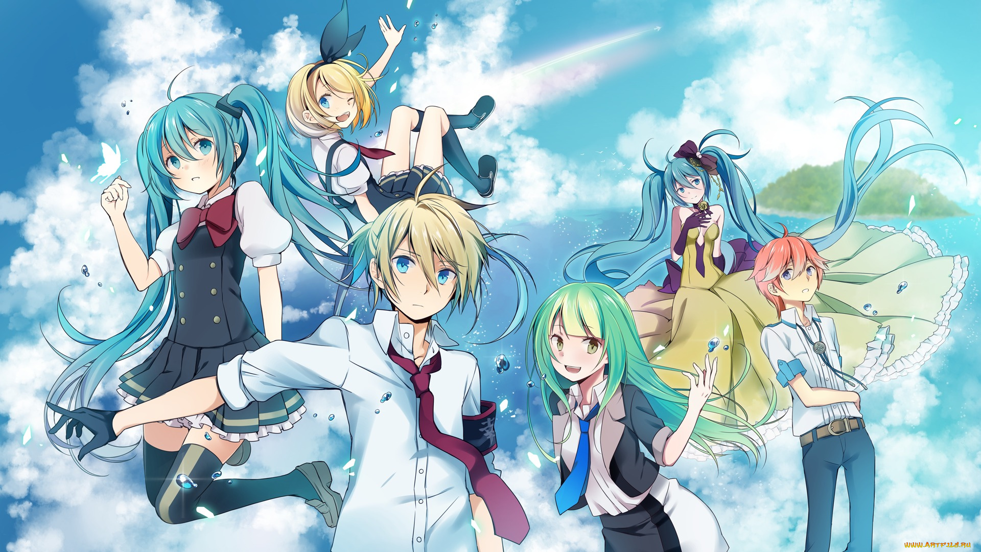 аниме, vocaloid, небо, девушки, парни, арт, wogura, kagamine, len, rin, hatsune, miku