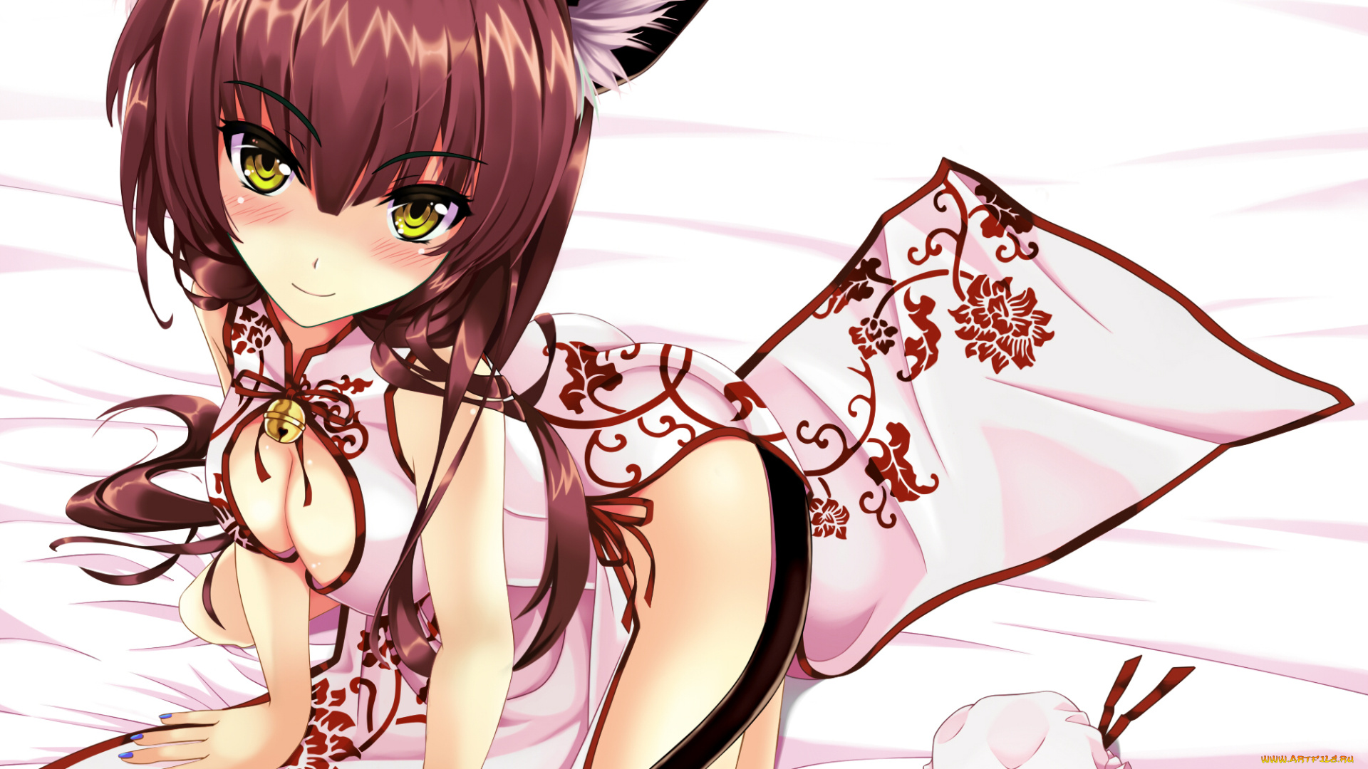 аниме, животные, , существа, ушки, поза, взгляд, шатенка, арт, девушка, kitou, kaitai