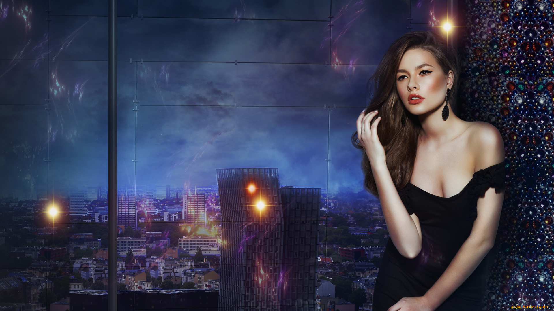 девушки, -unsort, , брюнетки, , шатенки, платье, декольте, ночной, город, здания, стекло, окно