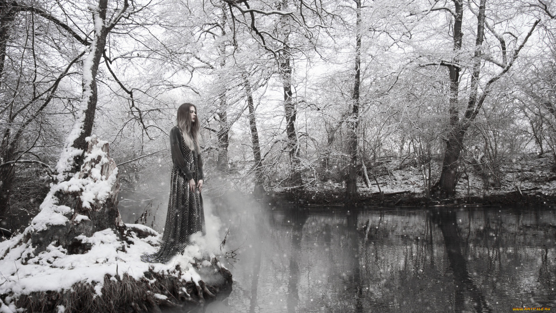 девушки, -unsort, , креатив, зима, снег, река, девушка