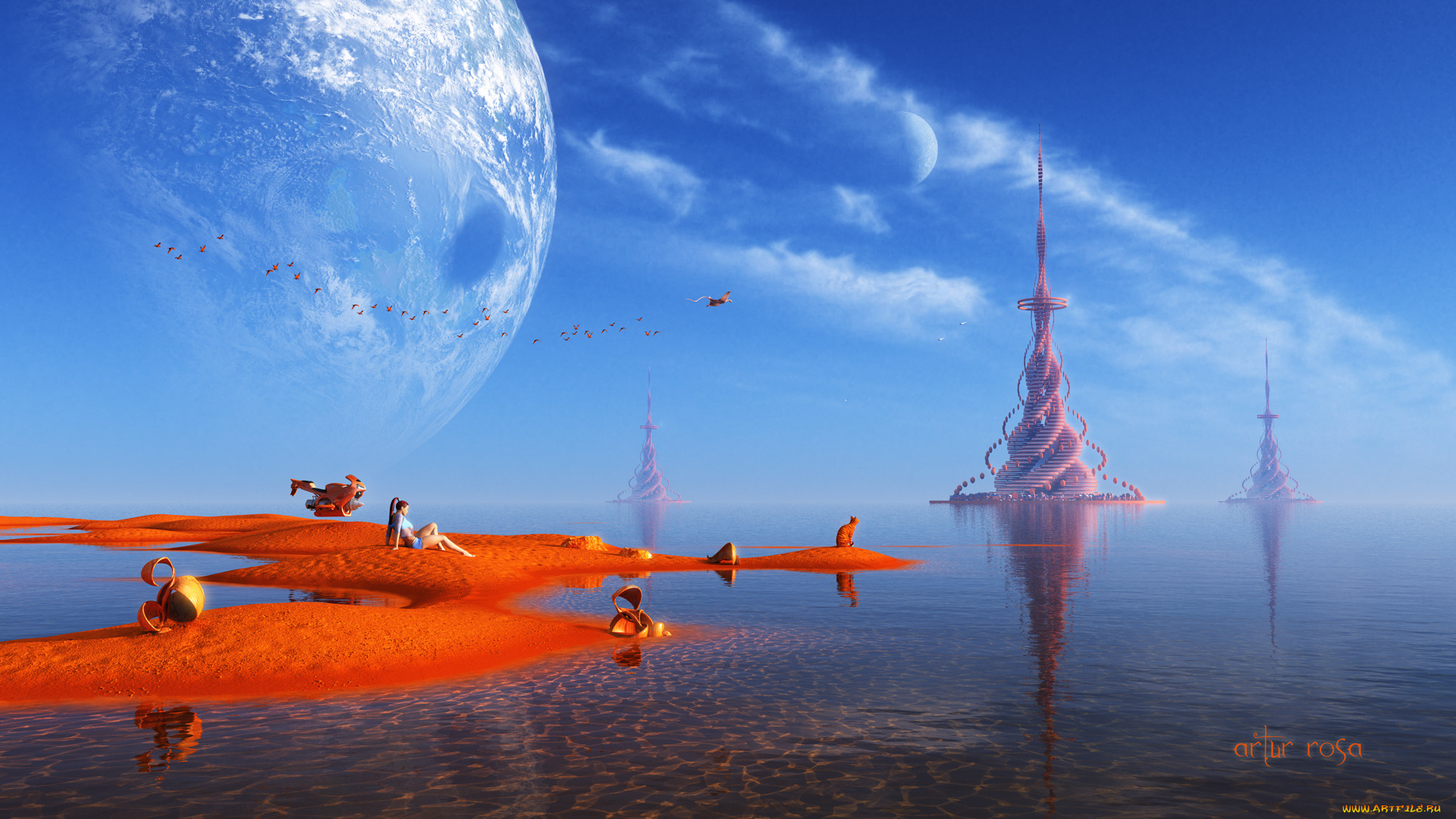 фэнтези, иные, миры, , иные, времена, девушка, взгляд, фон, планеты, вода, кот, песок