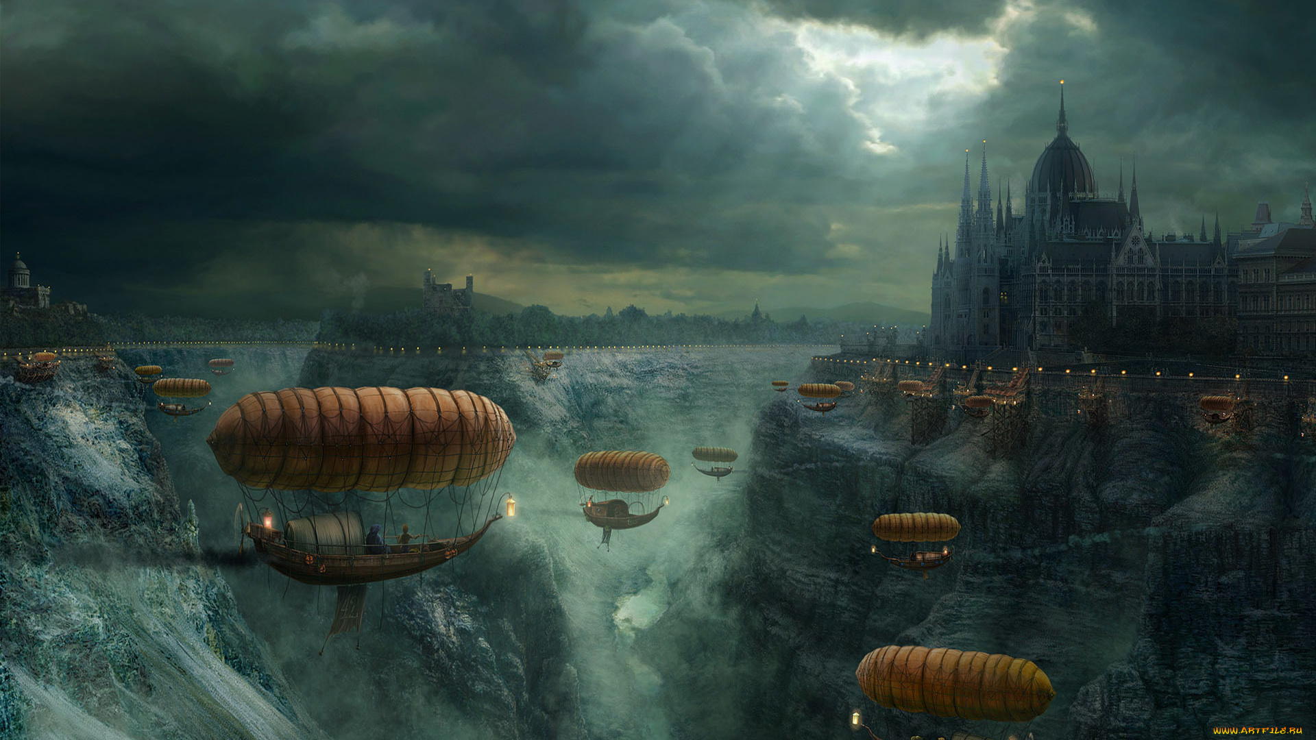 фэнтези, транспортные, средства, облака, небо, огни, корабли, ущелье, зомак