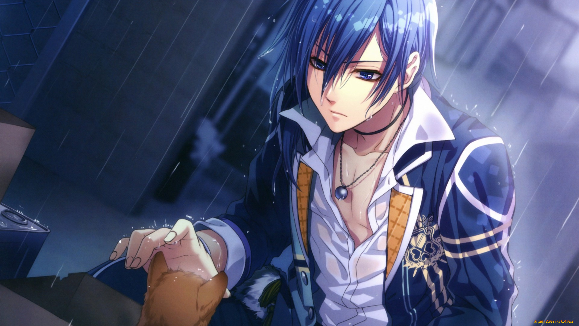 glass, heart, princess, аниме, unknown, , другое, котенок, рубашка, yuki, kanami, капли, art, visual, novel, yukito, karasuma, дождь, голубые, глаза, glass, heart, princess, кулон