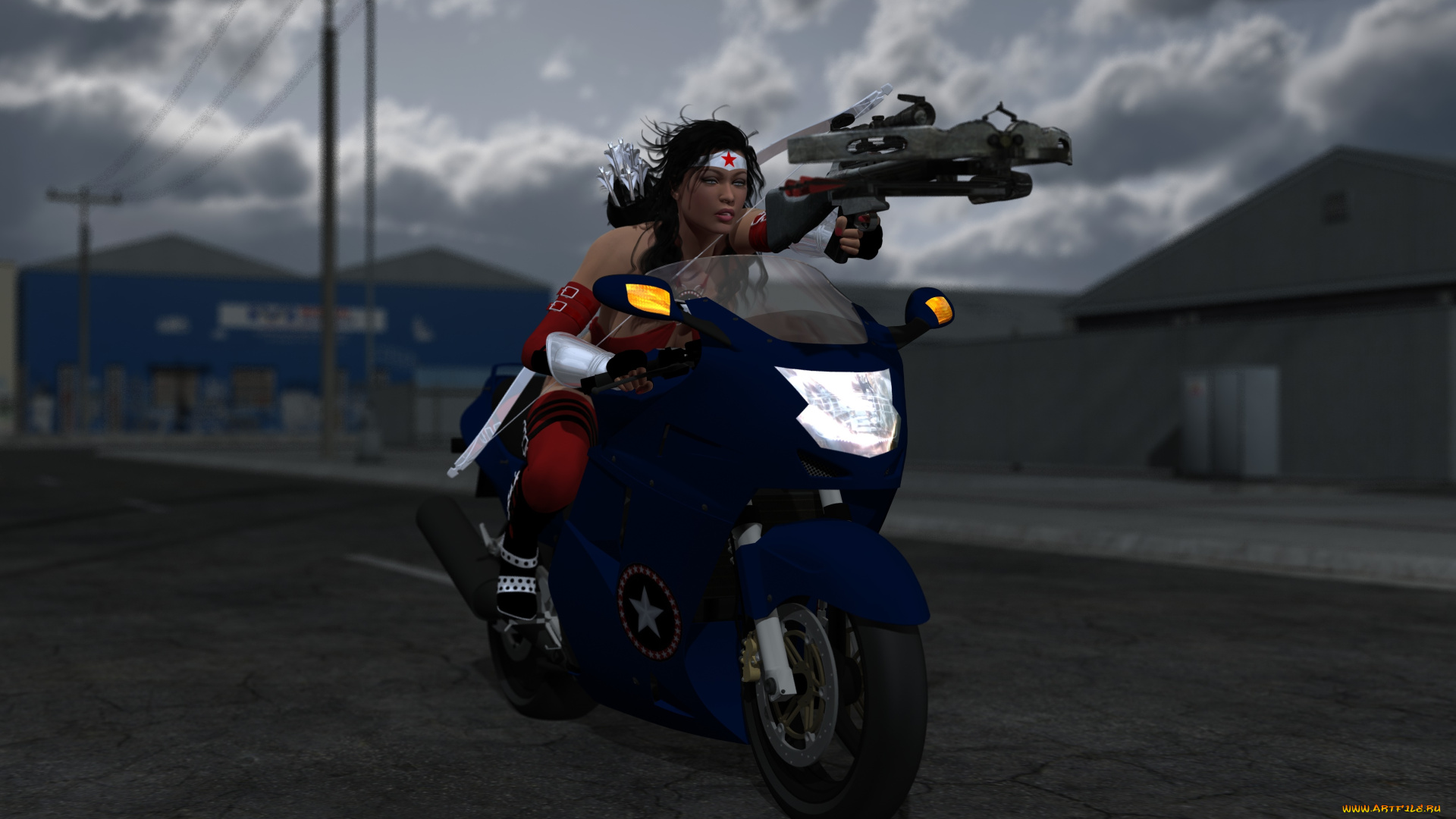 мотоциклы, 3d, девушка, взгляд, фон, мотоцикл, арбалет