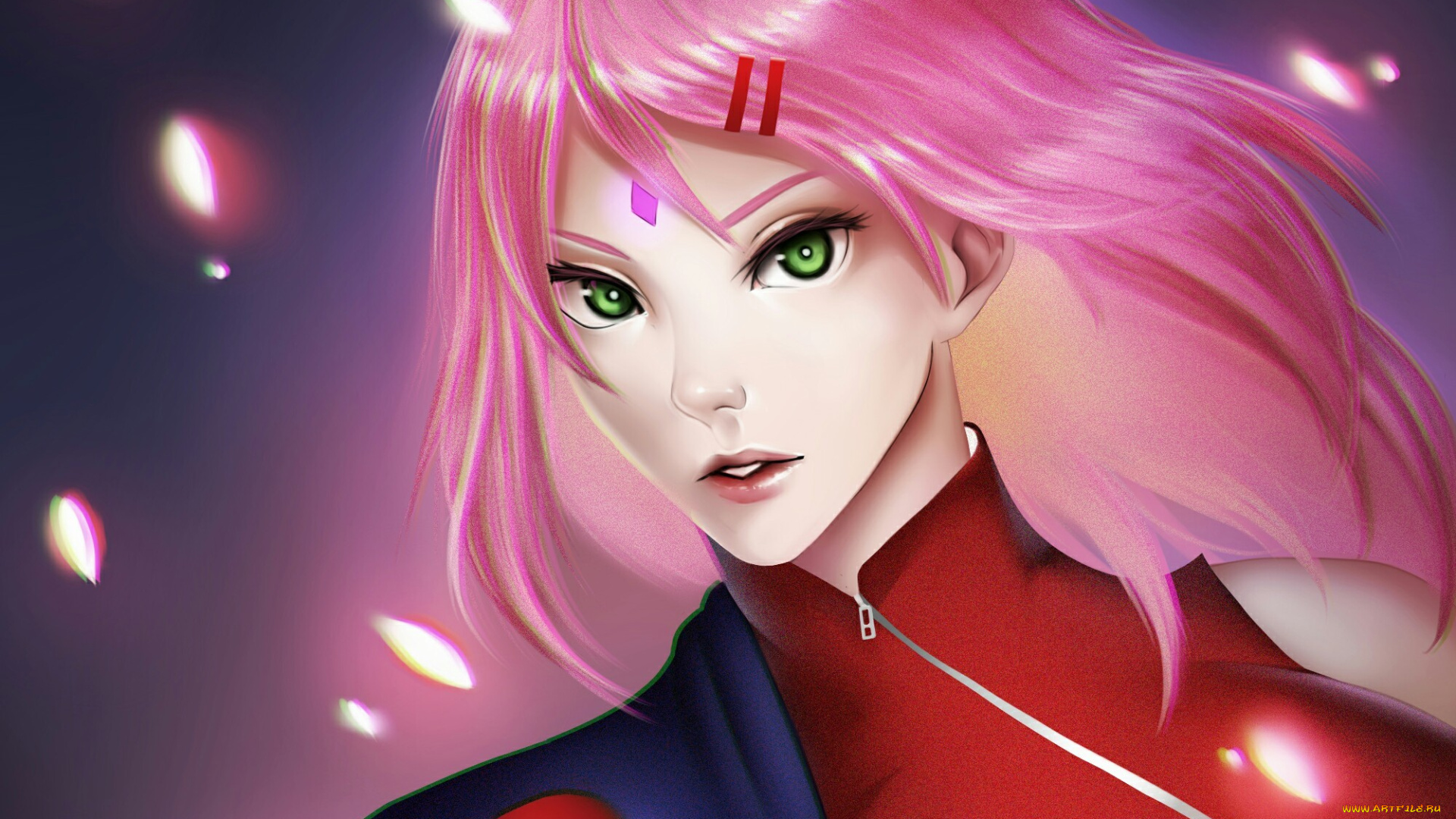 разное, арты, sashakim, sakura, девушка, лепестки, волосы, взгляд