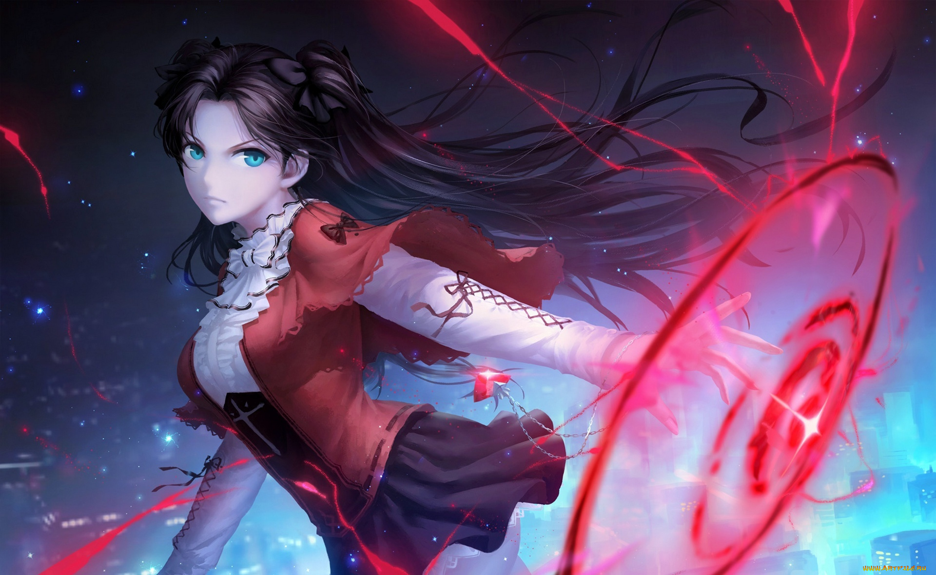 аниме, fate, stay, night, кулон, дома, город, магия, tohsaka, rin, девушка, stay, night, цепочка, cangkong, арт