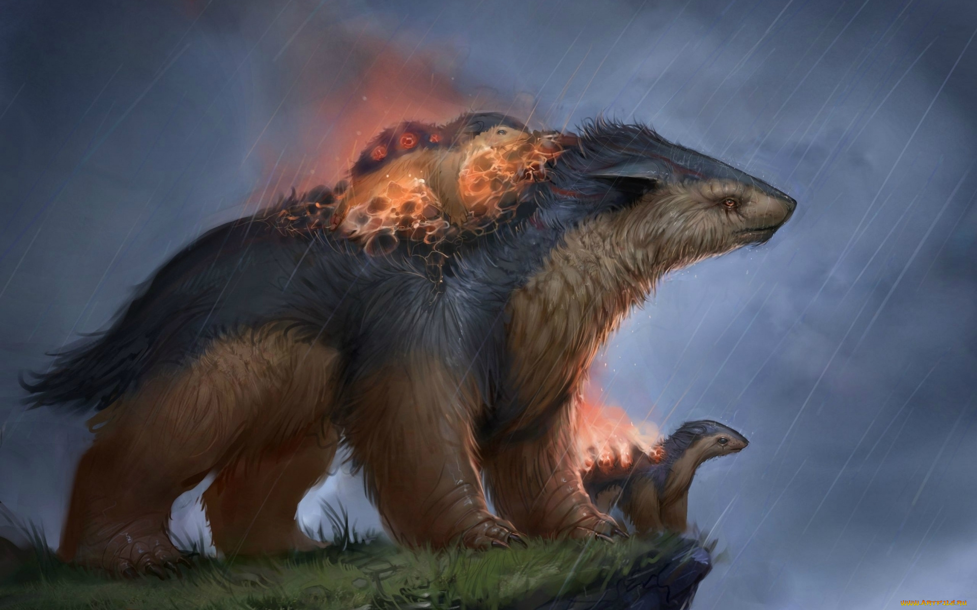 аниме, pokemon, typhlosion, monster, монстр, покемон, дождь, огонь