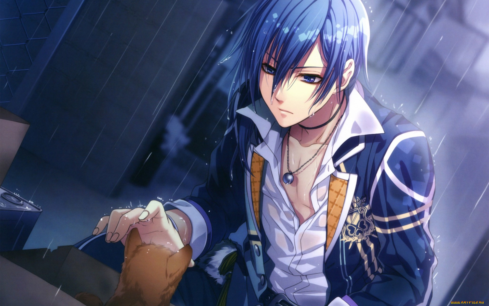 glass, heart, princess, аниме, unknown, , другое, котенок, рубашка, yuki, kanami, капли, art, visual, novel, yukito, karasuma, дождь, голубые, глаза, glass, heart, princess, кулон