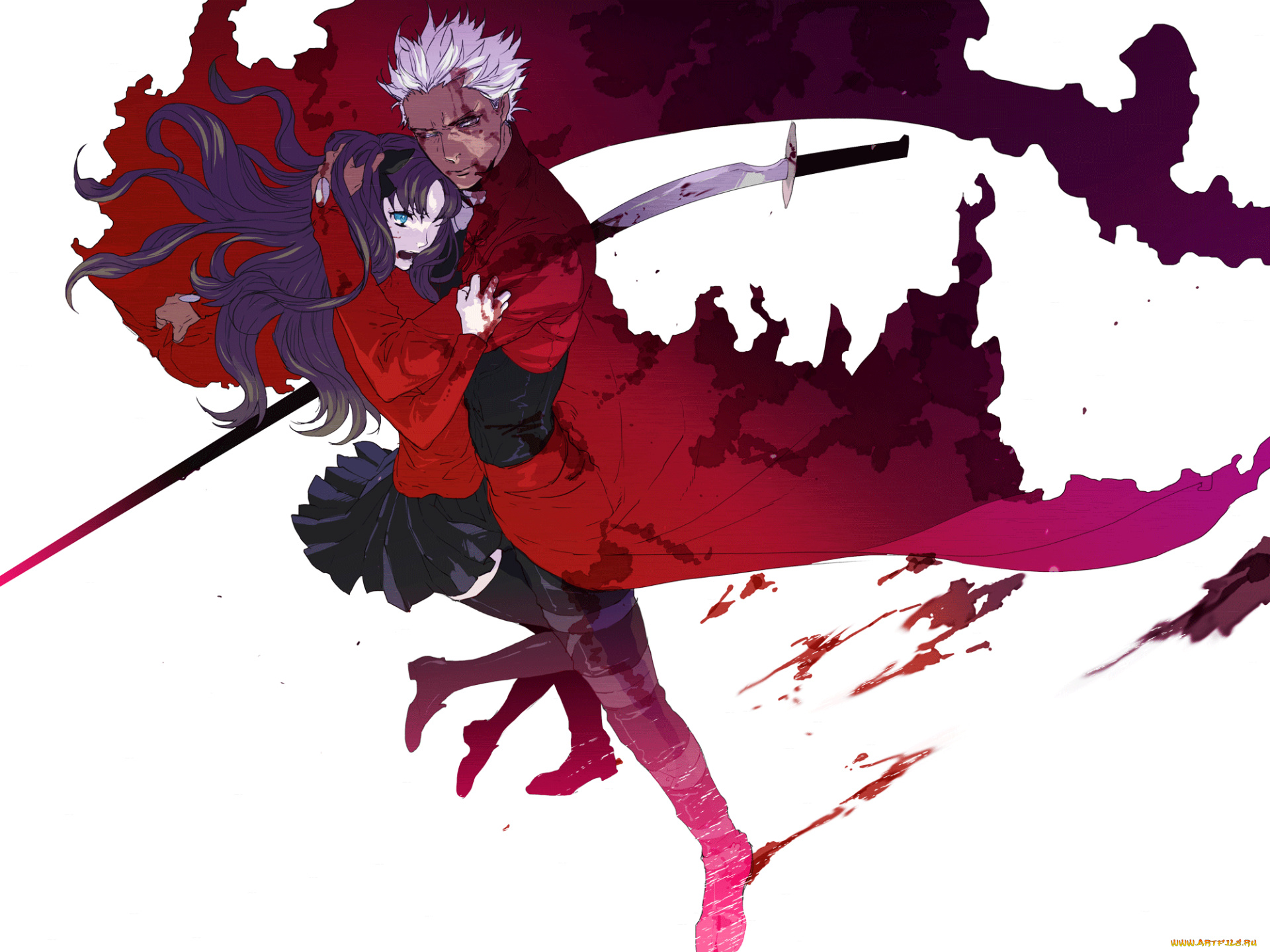 аниме, fate, stay, night, кровь, седой, меч, archer, пятна, stay, night, rin, tohsaka