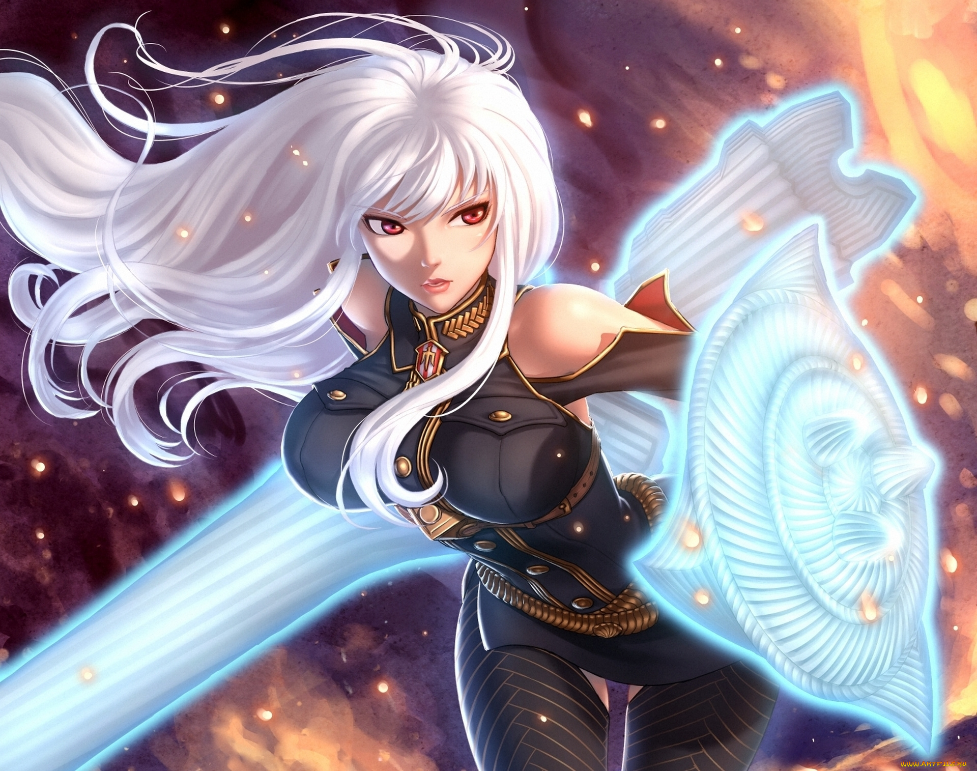 аниме, оружие, , техника, , технологии, selvaria, bles, арт, shzyu, меч, девушка, seeker, senjou, no, valkyria, огонь, щит