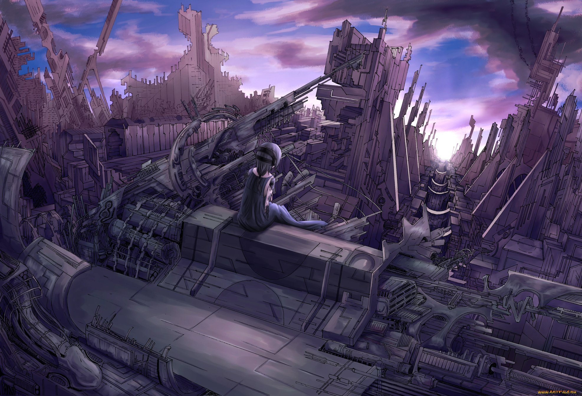 аниме, vocaloid, металл, сидя, девушка, hatsune, miku, sellrio, арт, установка, сооружение