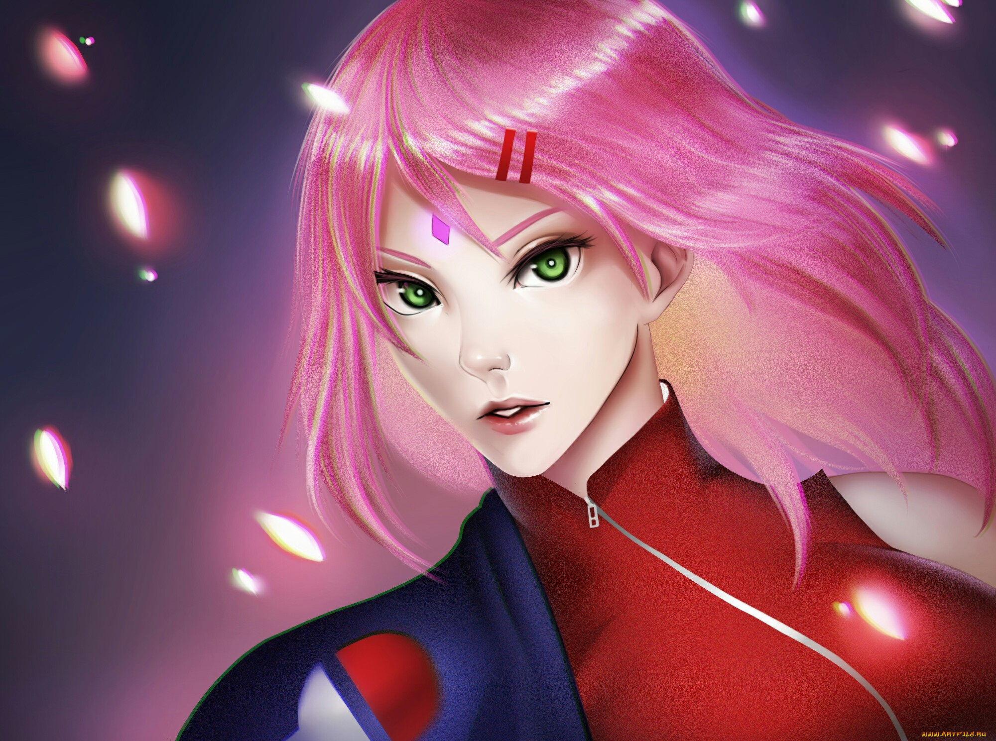 разное, арты, sashakim, sakura, девушка, лепестки, волосы, взгляд