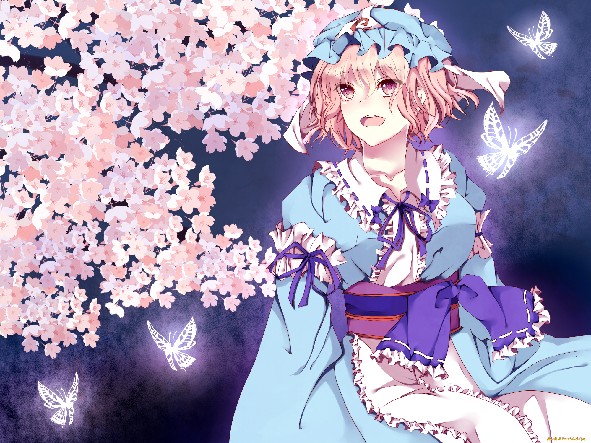 аниме, touhou, весна, девушка, бабочки, цветение, цветы, арт, rinarisa, saigyouji, yuyuko