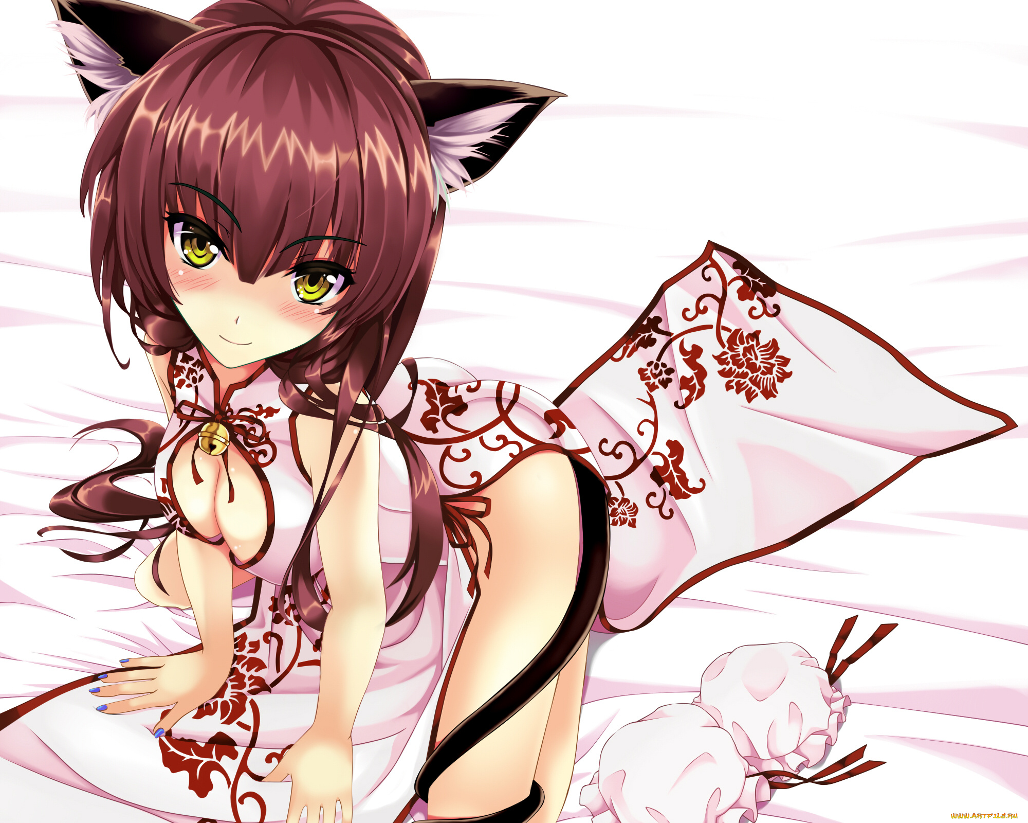 аниме, животные, , существа, ушки, поза, взгляд, шатенка, арт, девушка, kitou, kaitai