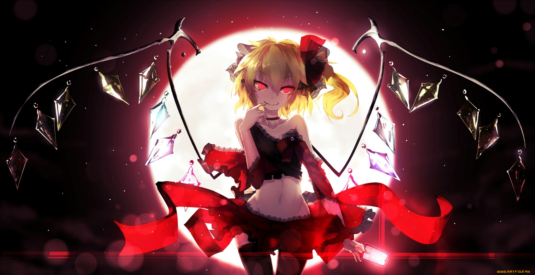 аниме, touhou, арт, bai, yemeng, flandre, scarlet, девушка, крылья, кристаллы, луна, зеркало