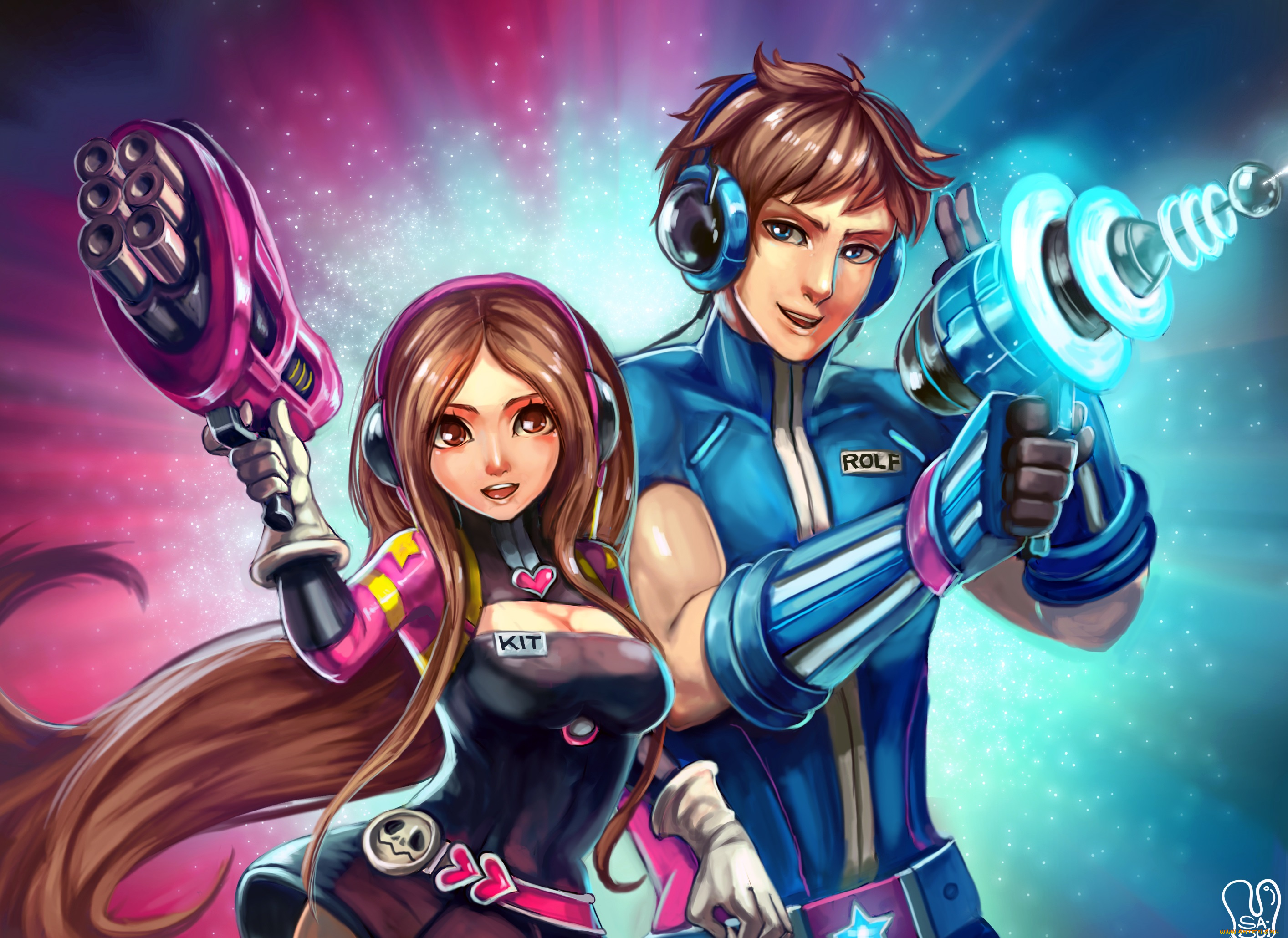 аниме, pokemon, девушка, парень, арт, оружие