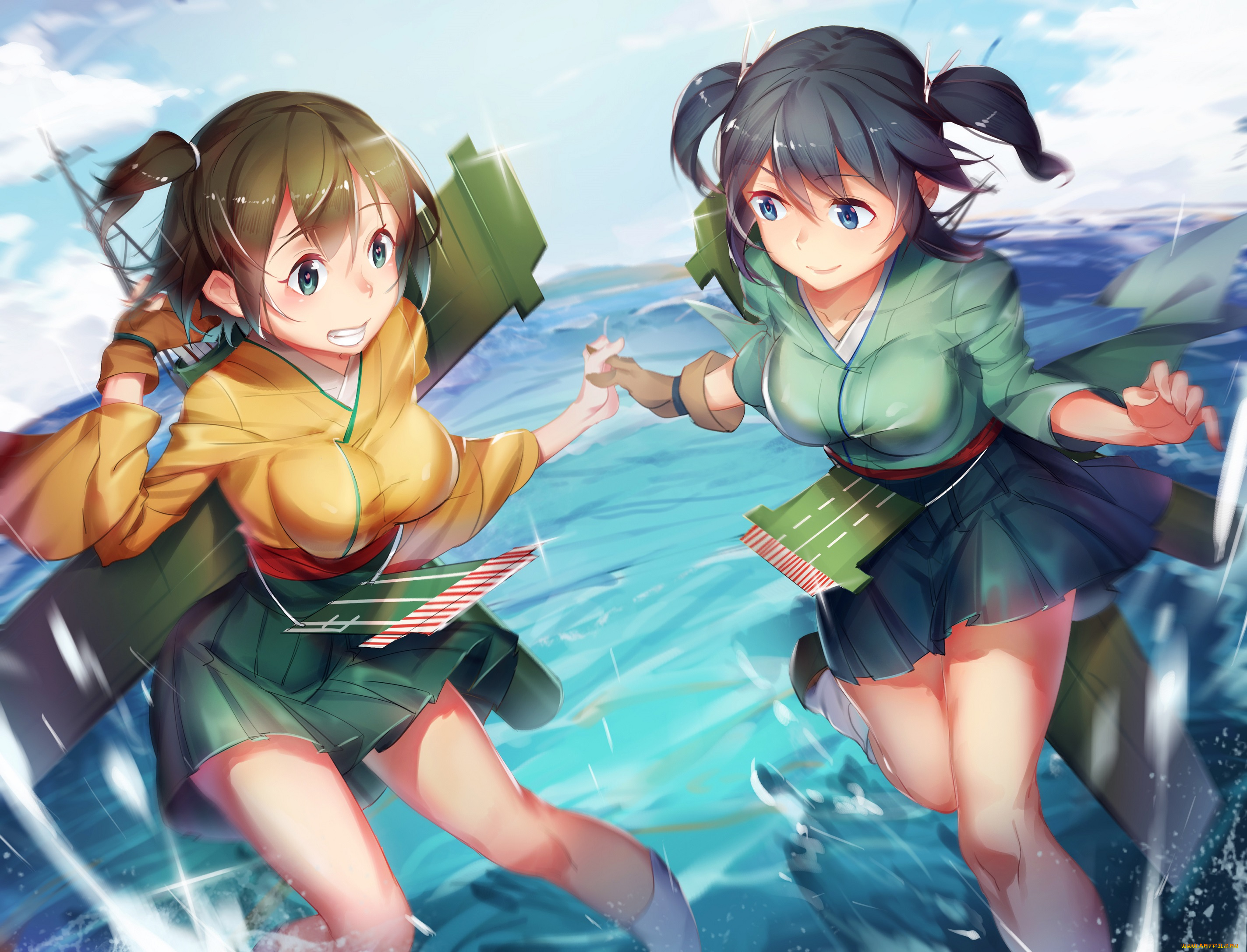 аниме, kantai, collection, kantai, collection, souryuu, брызги, море, вода, kancolle, hiryuu, девушки, арт, pg-pgouwoderen