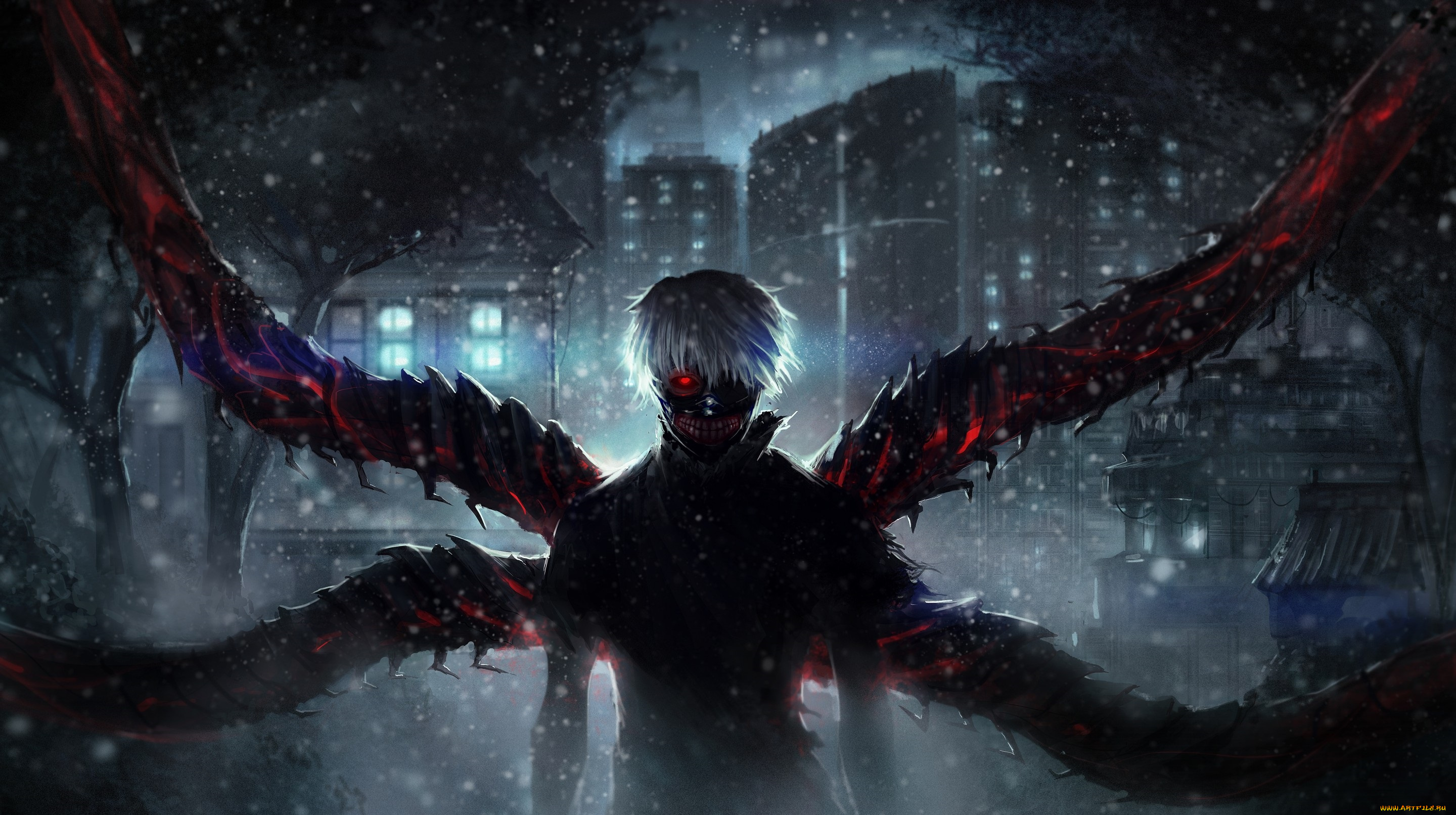аниме, tokyo, ghoul, ken, kaneki, tokyo, ghoul, парень, ночь, арт, тьма, белые, волосы