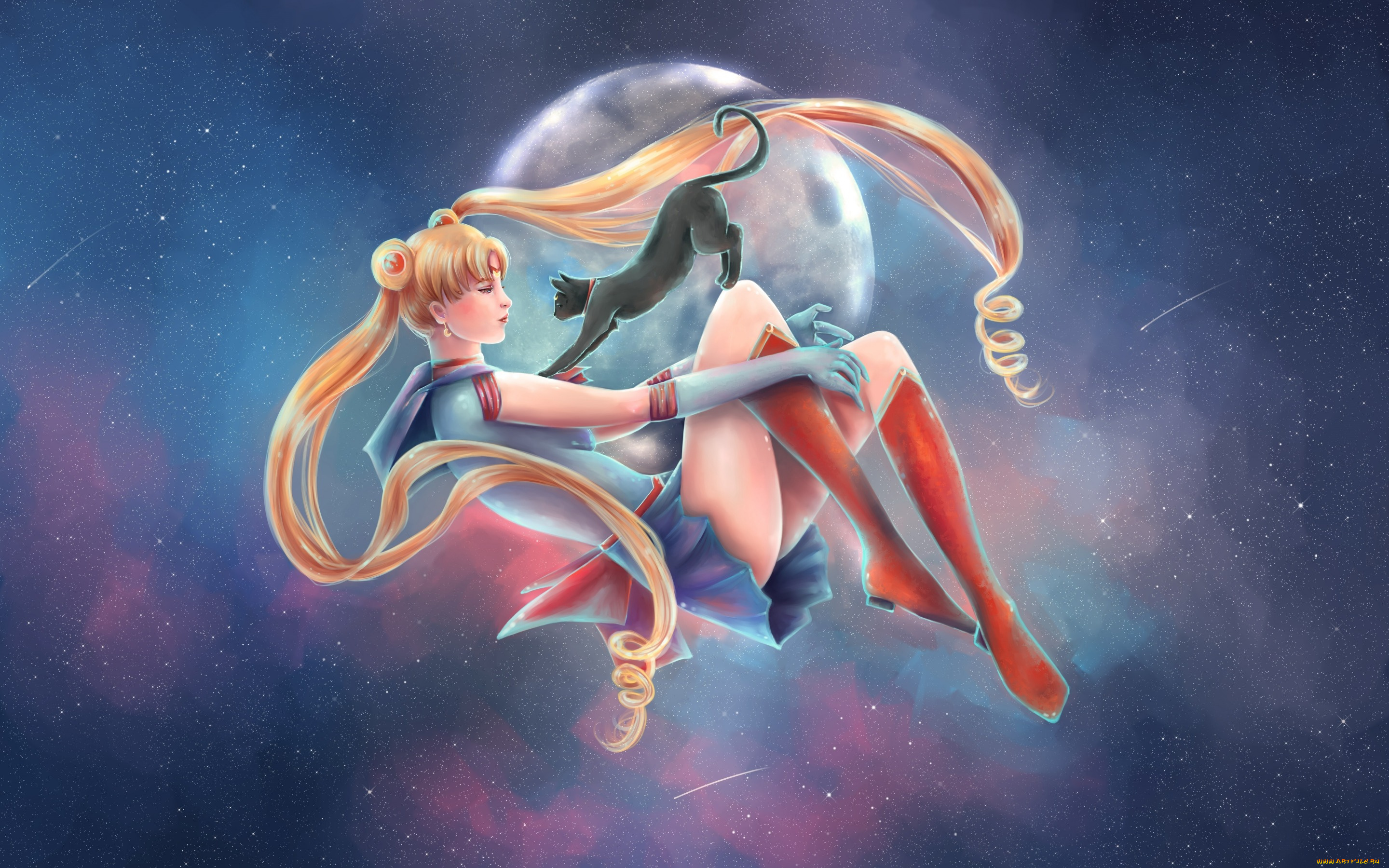 аниме, sailor, moon, звезды, кот, матроска, девушка, luna, usagi, bishoujo, senshi, sailor, moon, арт, луна