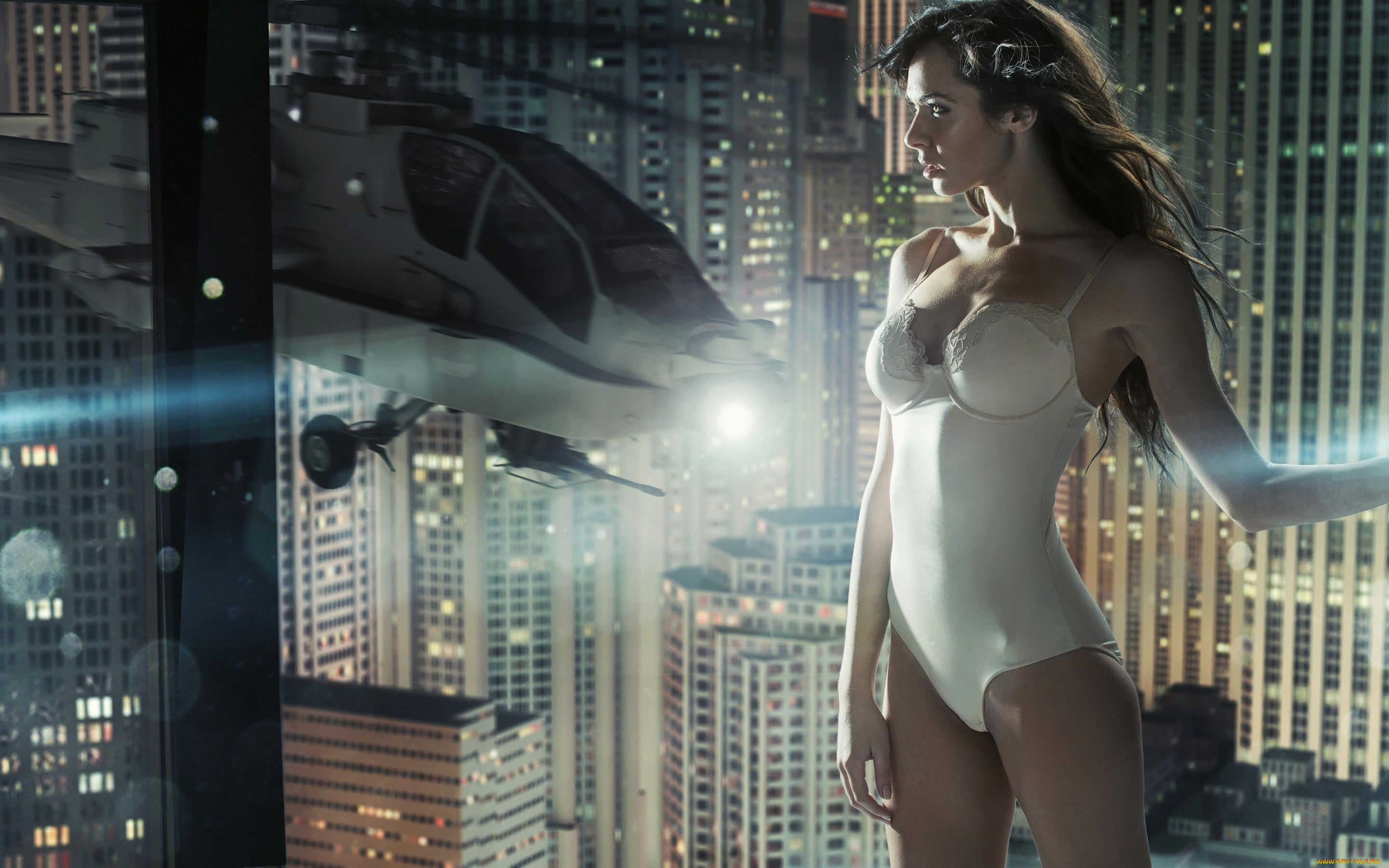 девушки, -unsort, , брюнетки, , шатенки, lingerie, бельё, фигура, вертолёт, здания, небоскрёбы, окно, стекло