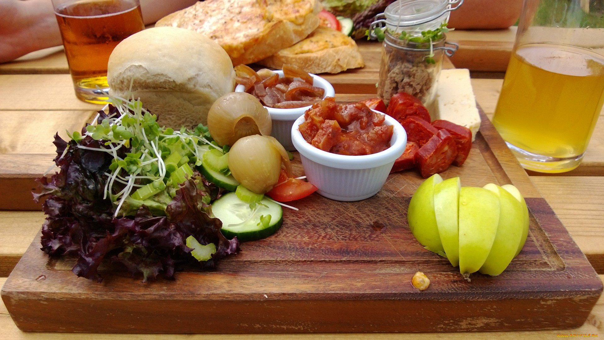 еда, разное, сок, колбаса, хлеб, завтрак, салат