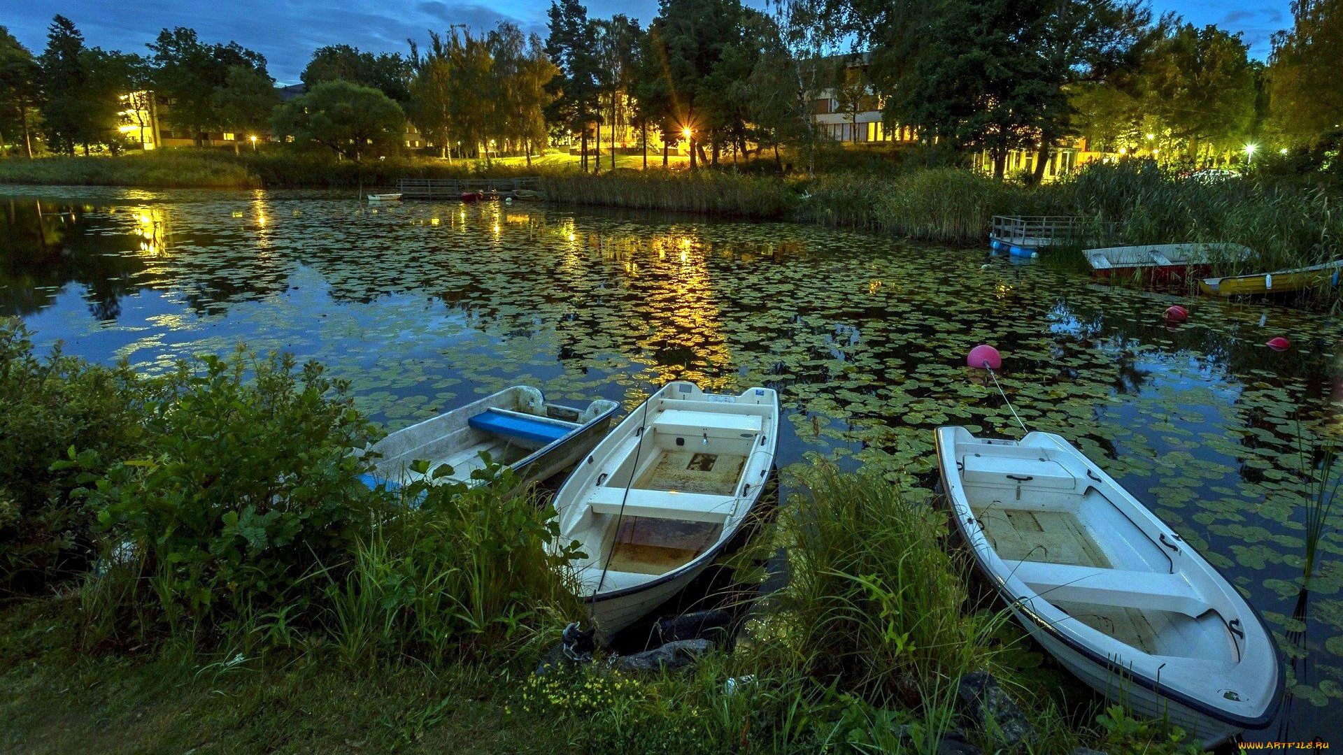 корабли, лодки, , шлюпки, пруд, вечер