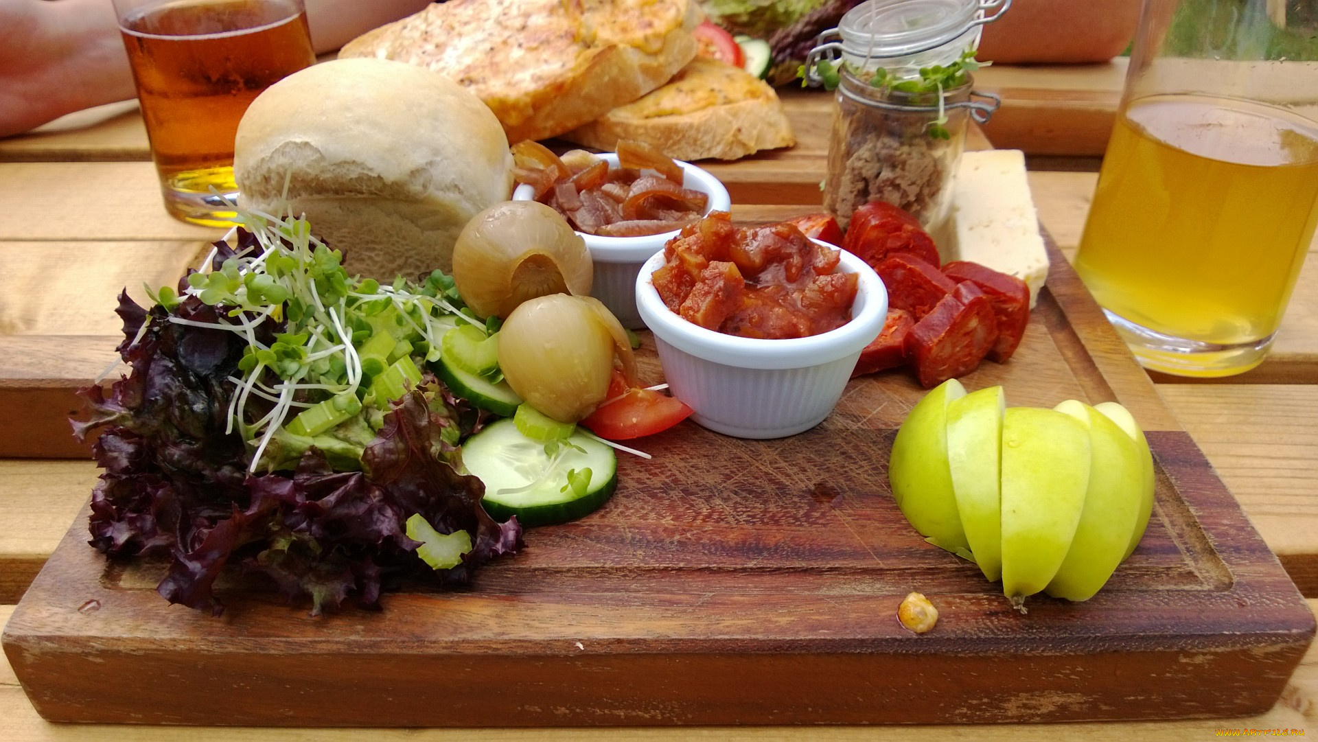 еда, разное, сок, колбаса, хлеб, завтрак, салат