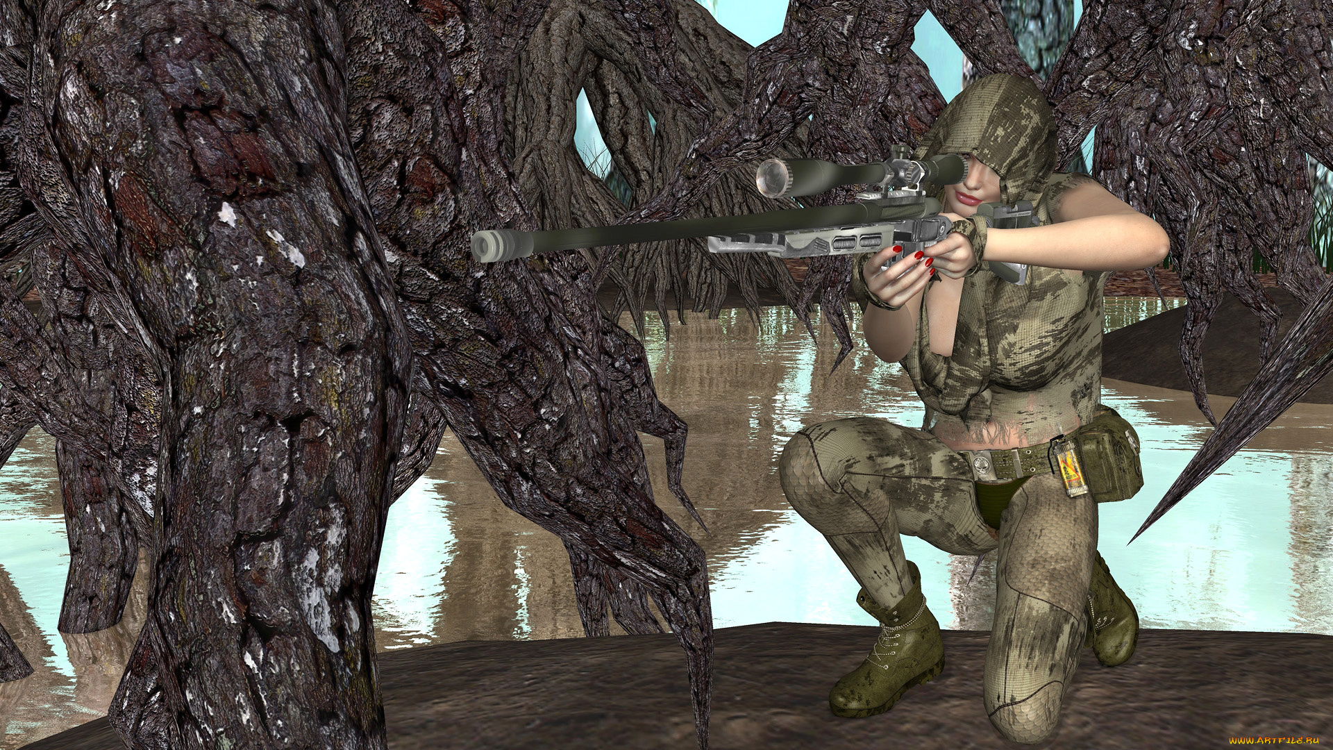 3д, графика, армия, , military, девушка, взгляд, фон, оружие