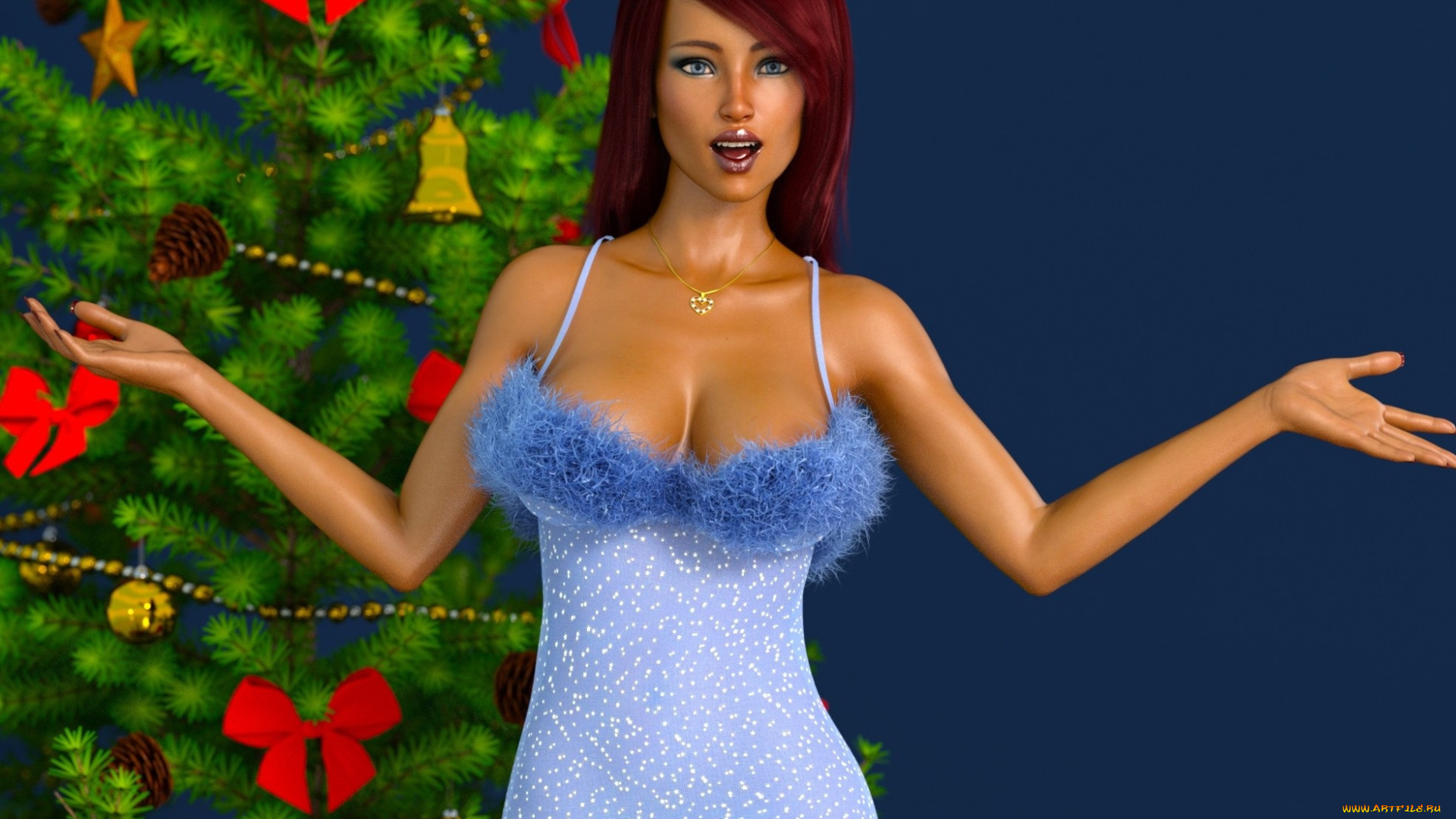 3д, графика, праздники, , holidays, девушка, взгляд, фон, елка, праздник, новый, год, улыбка