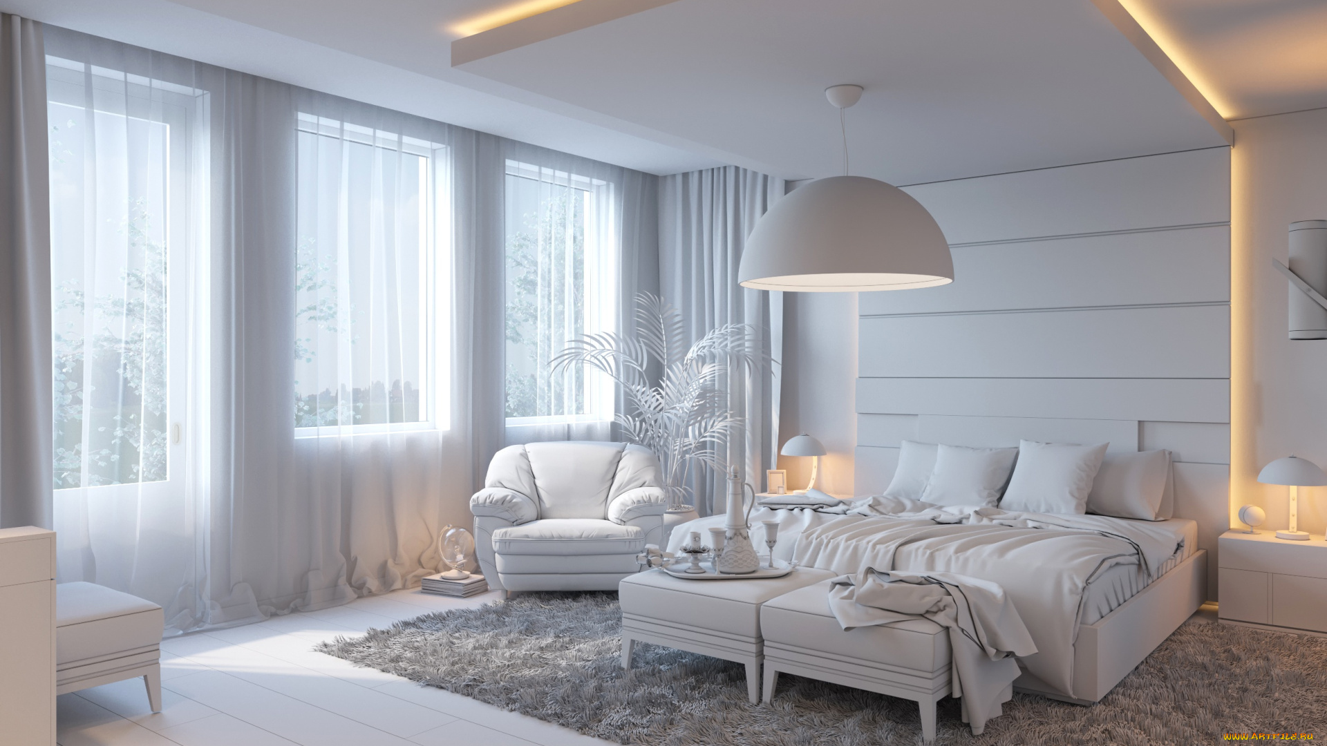 3д, графика, реализм, , realism, спальня, окно, кровать, дизайн, комната
