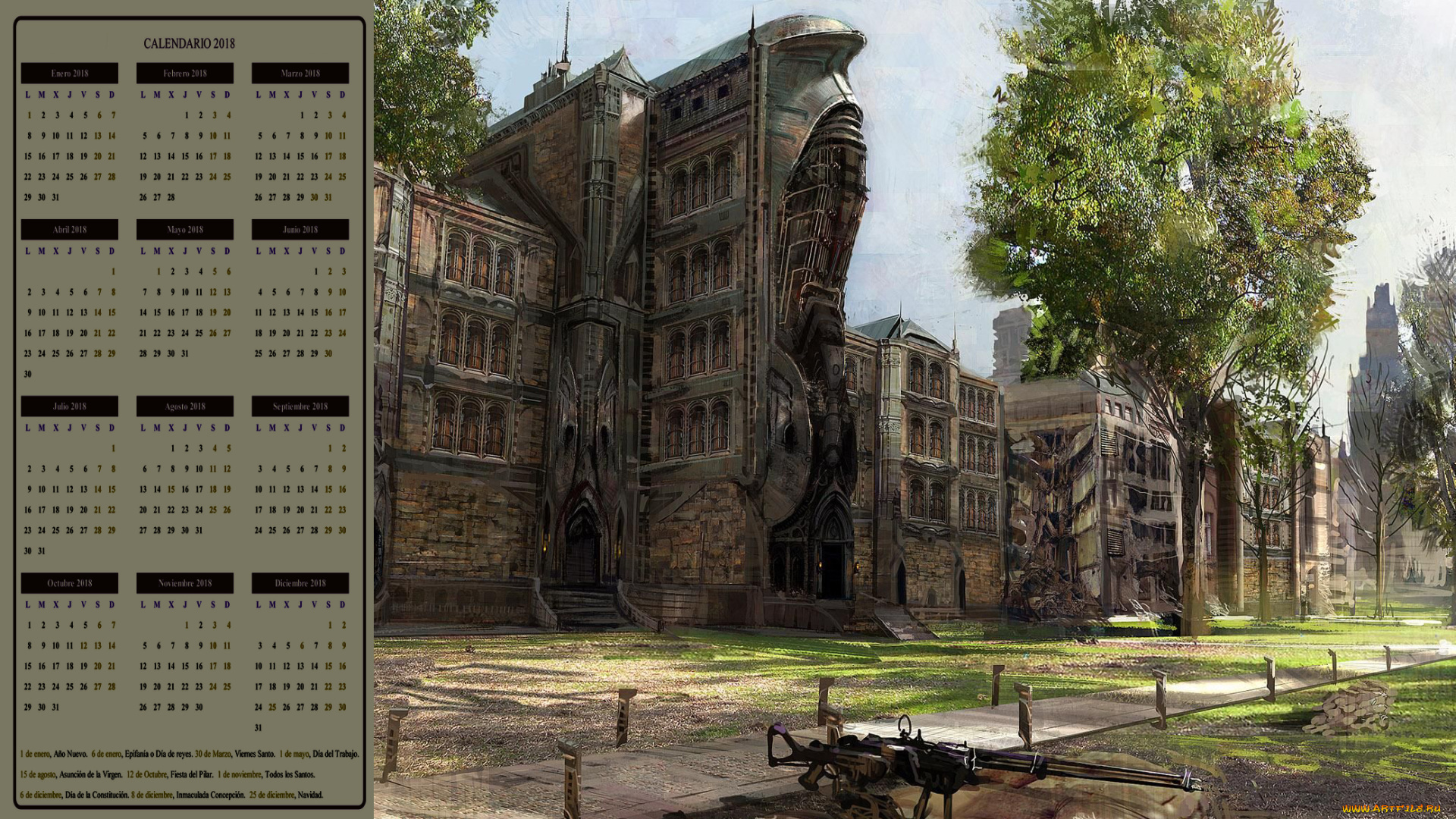 календари, фэнтези, здание, улица, дерево